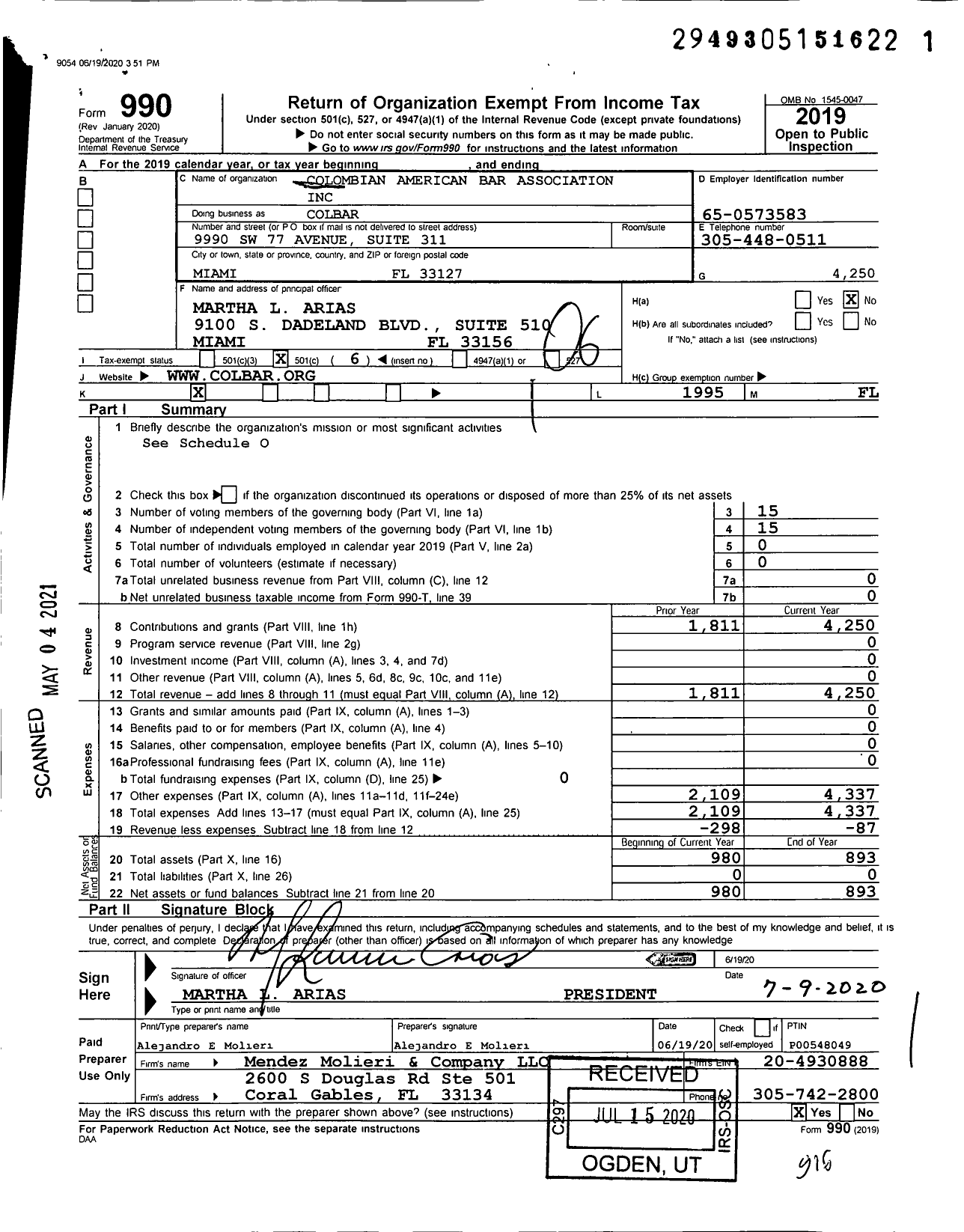 Image of first page of 2019 Form 990O for Colbar