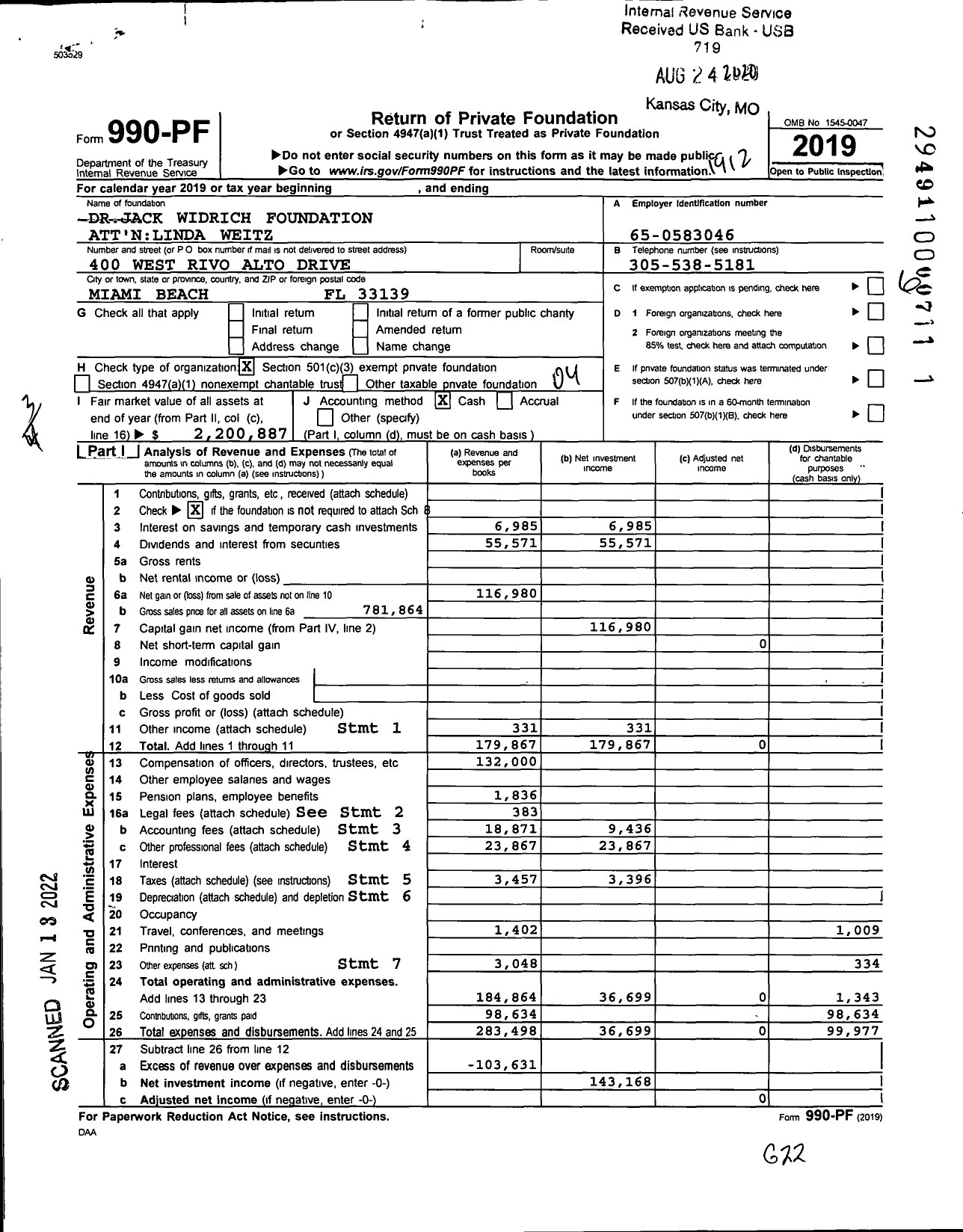 Image of first page of 2019 Form 990PF for Drjack Widrich Foundation Attnlinda Weitz