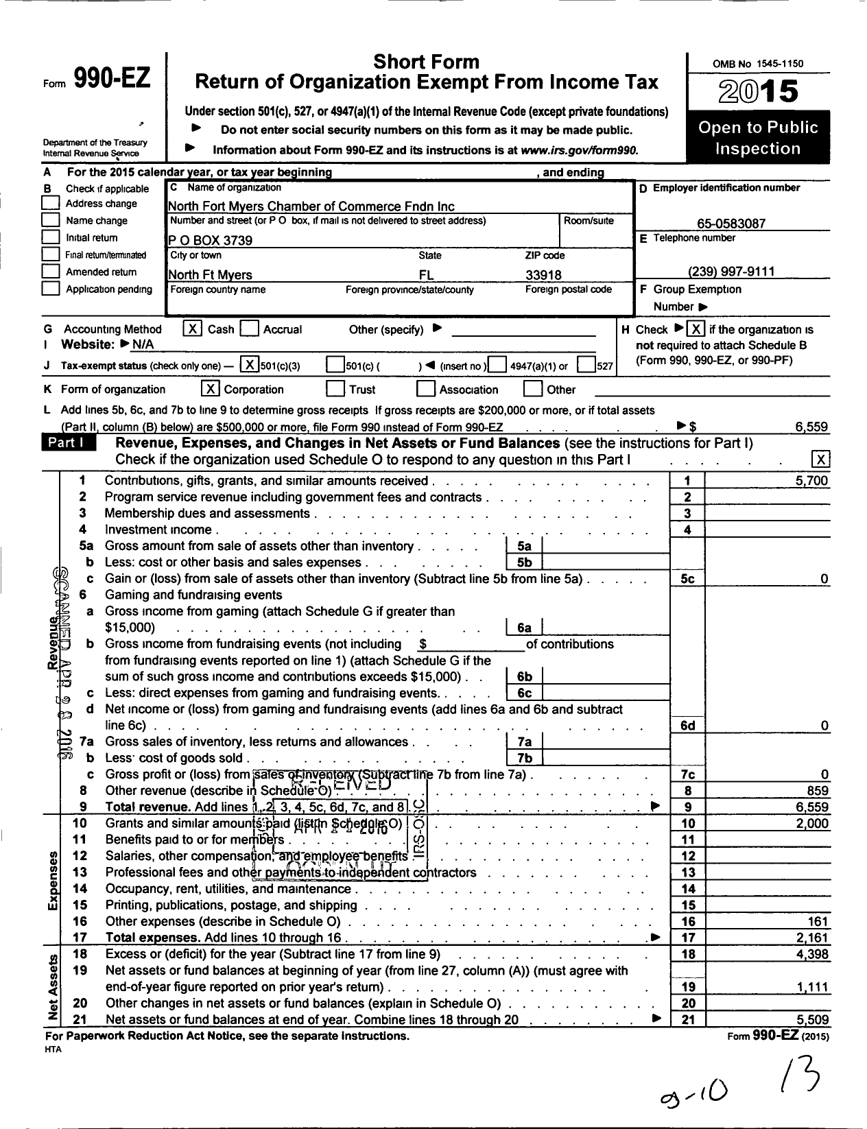 Image of first page of 2015 Form 990EZ for North Fort Myers Chamber of Commerce FNDN