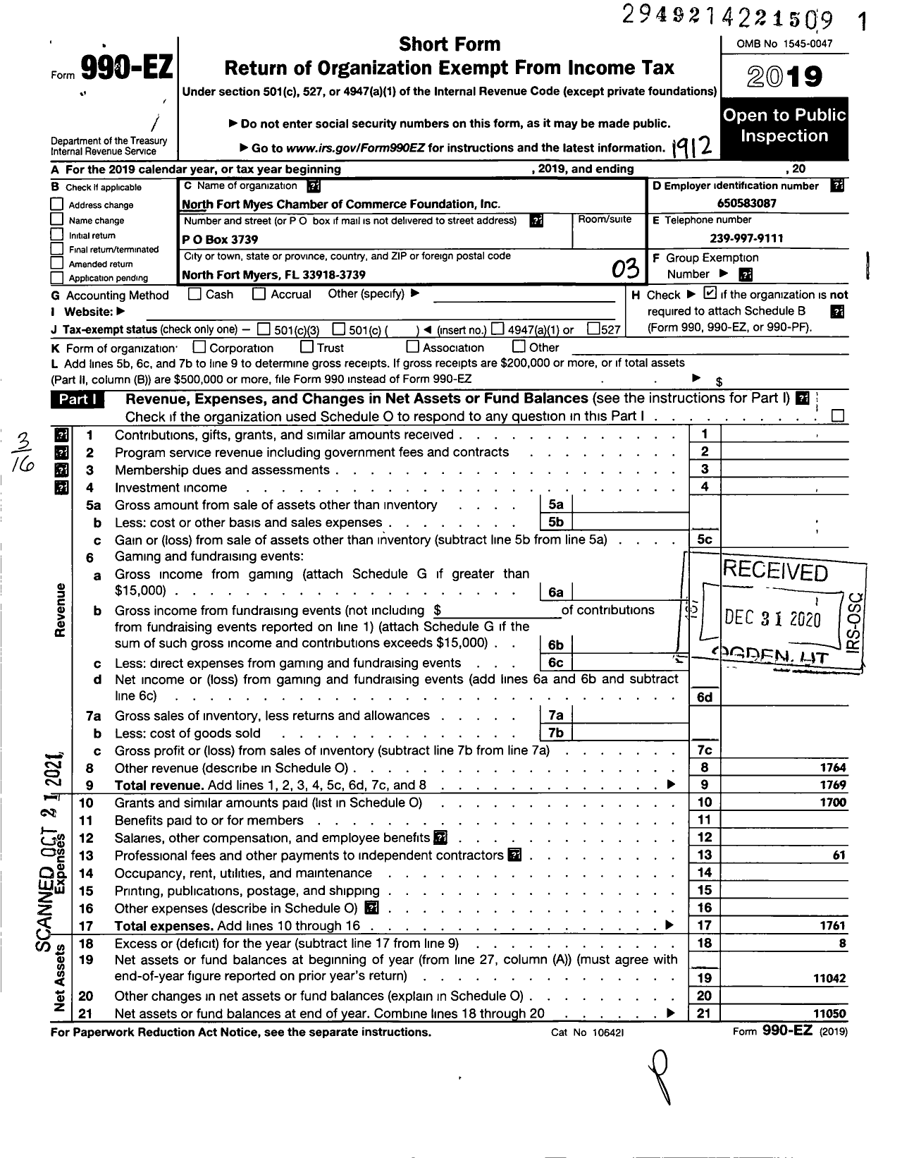 Image of first page of 2019 Form 990EZ for North Fort Myers Chamber of Commerce FNDN