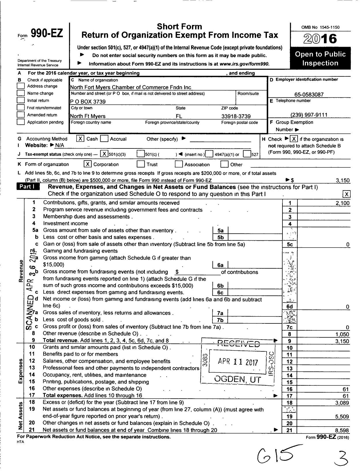 Image of first page of 2016 Form 990EZ for North Fort Myers Chamber of Commerce FNDN