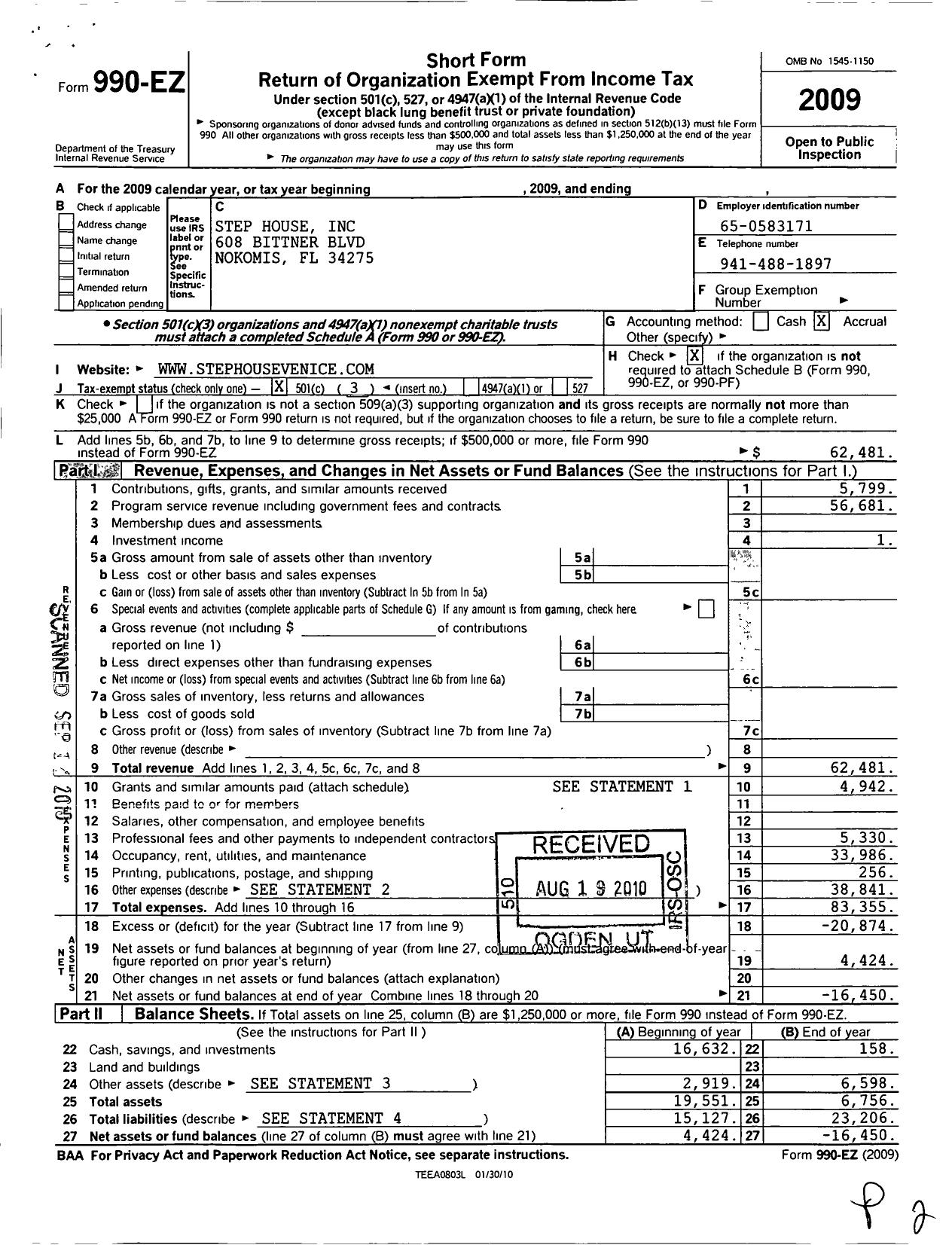 Image of first page of 2009 Form 990EZ for Step House