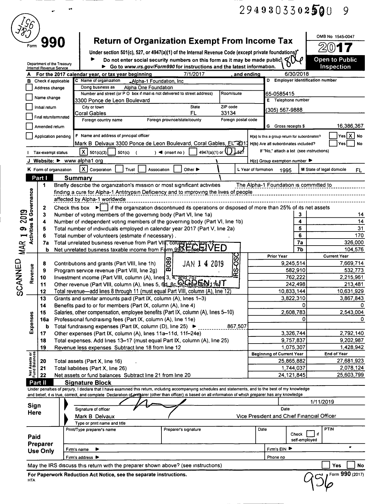 Image of first page of 2017 Form 990 for Alpha-1 Foundation Alpha One Foundation