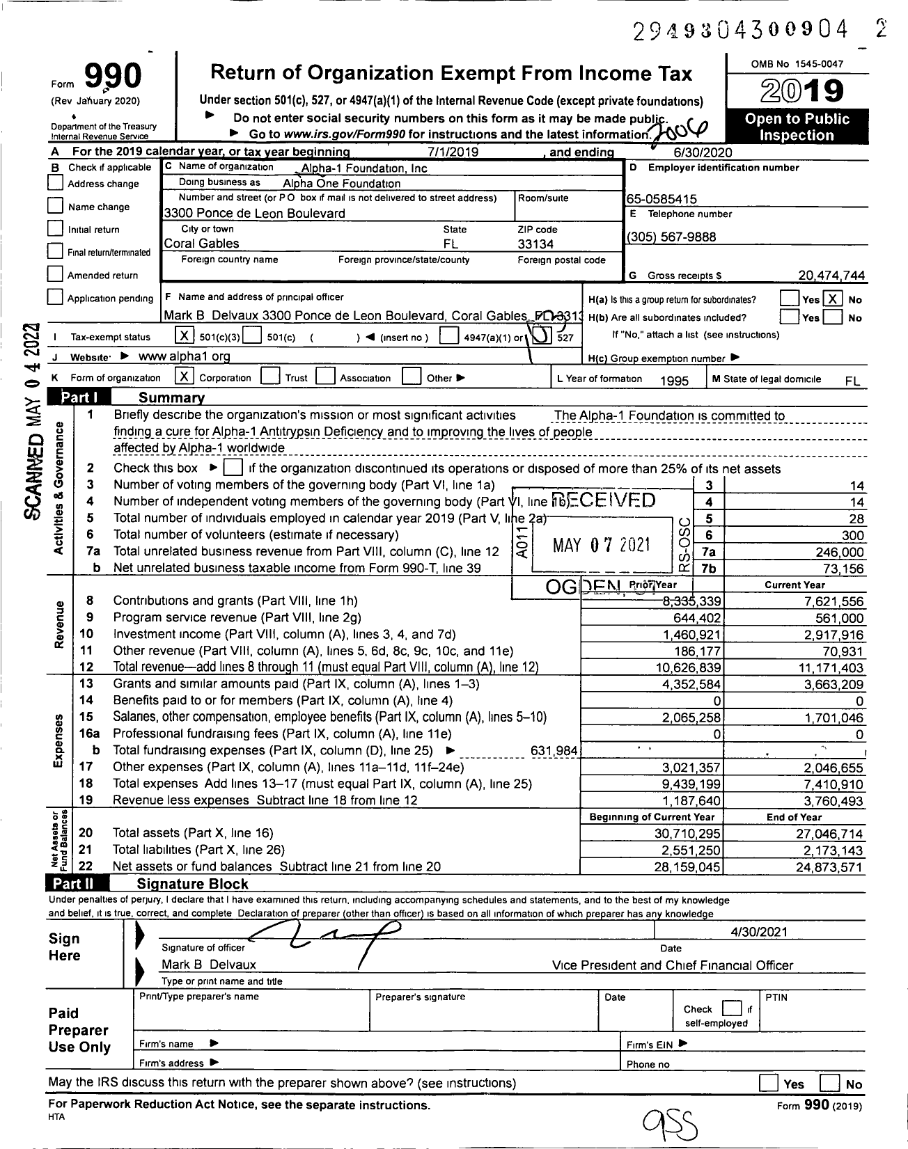 Image of first page of 2019 Form 990 for Alpha-1 Foundation Alpha One Foundation