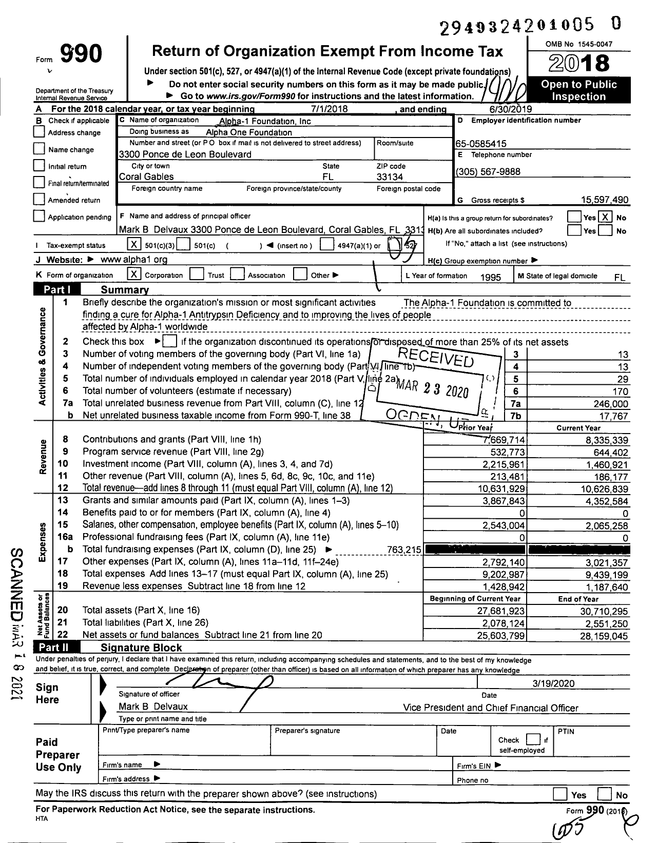 Image of first page of 2018 Form 990 for Alpha-1 Foundation Alpha One Foundation