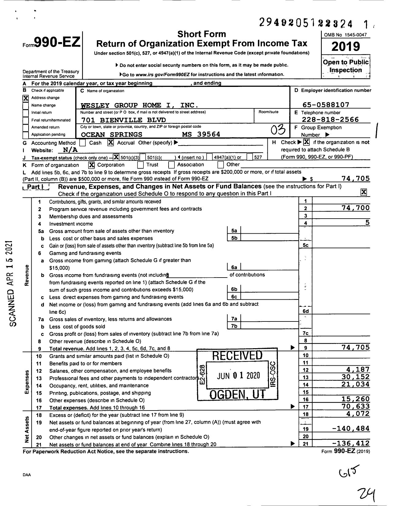 Image of first page of 2019 Form 990EZ for Wesley Group Home I