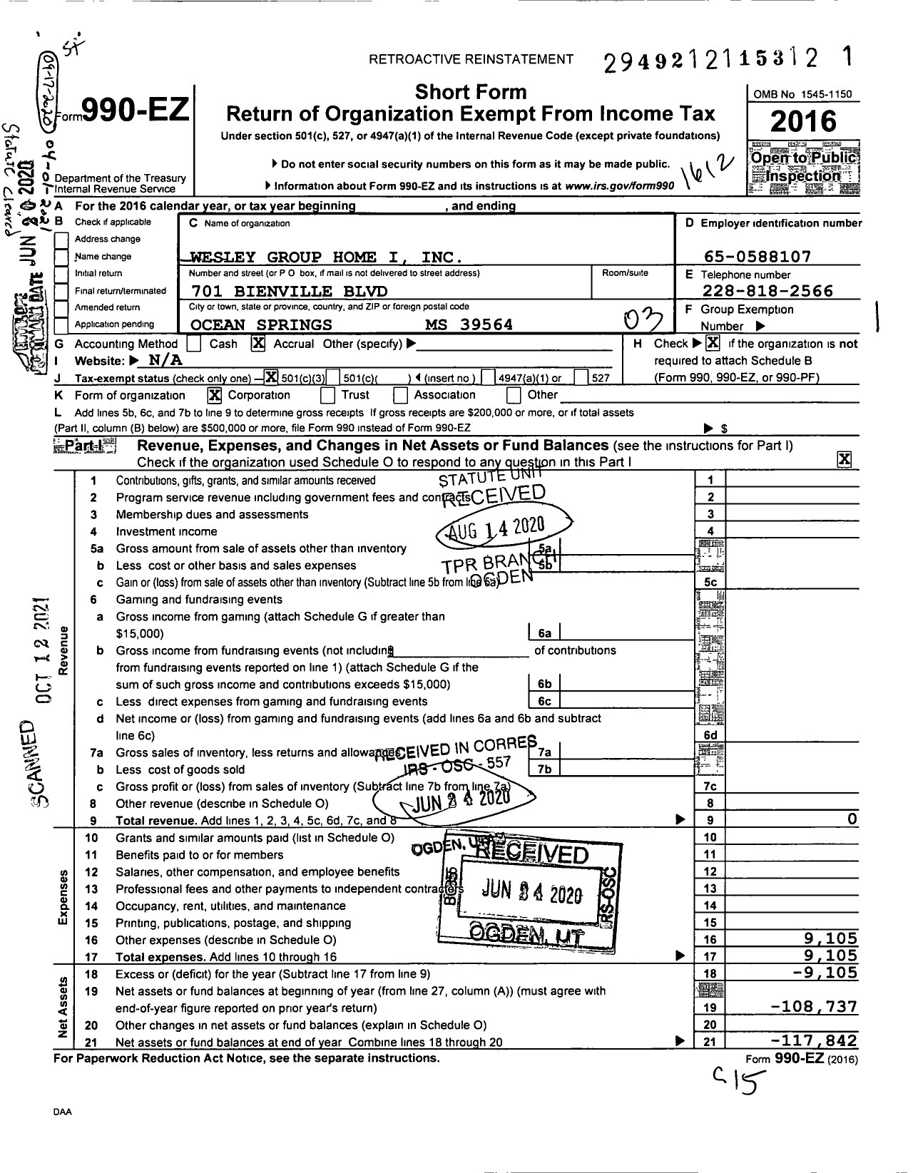 Image of first page of 2016 Form 990EZ for Wesley Group Home