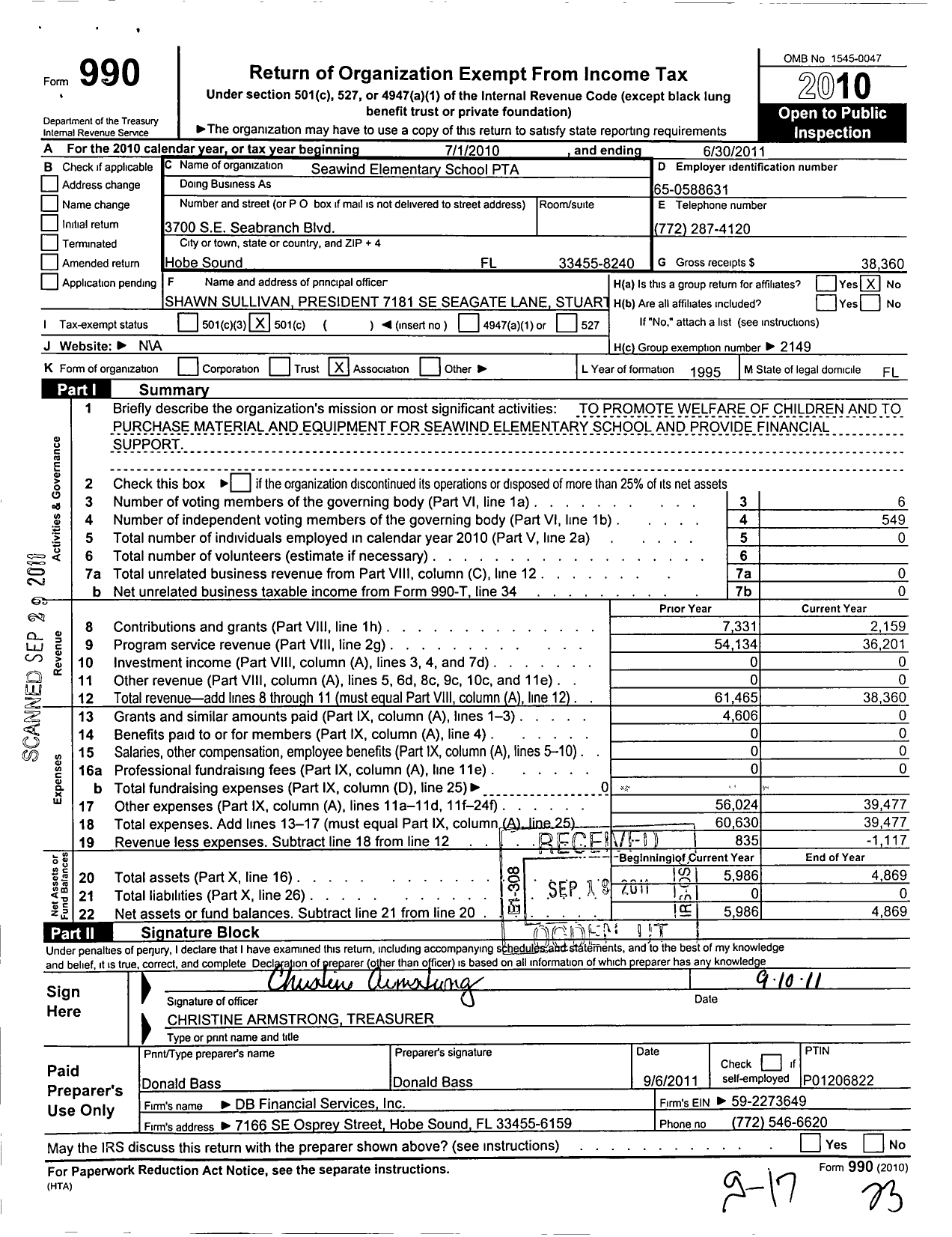 Image of first page of 2010 Form 990O for PTA Florida Congress - Seawind Elementary School PTA
