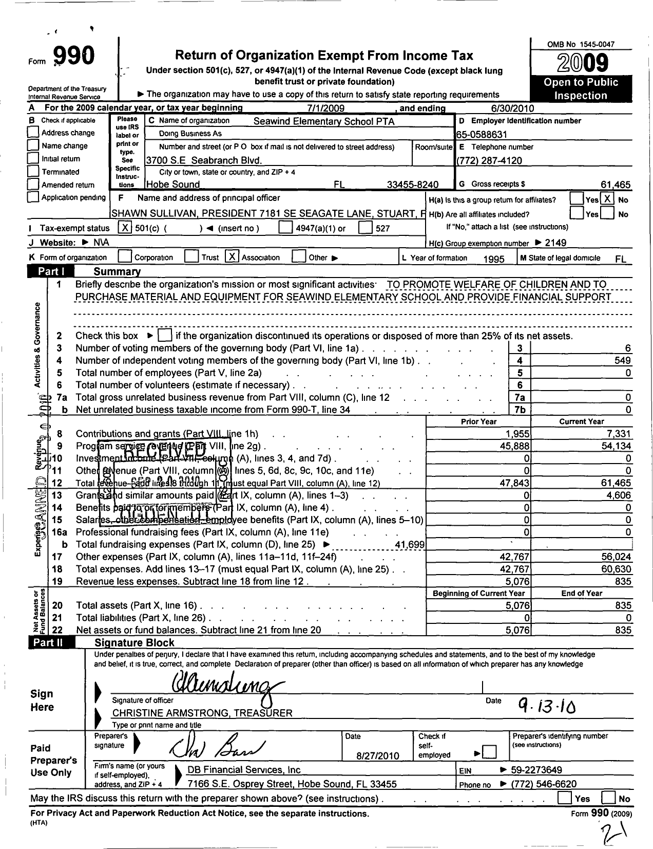 Image of first page of 2009 Form 990O for PTA Florida Congress - Seawind Elementary School PTA