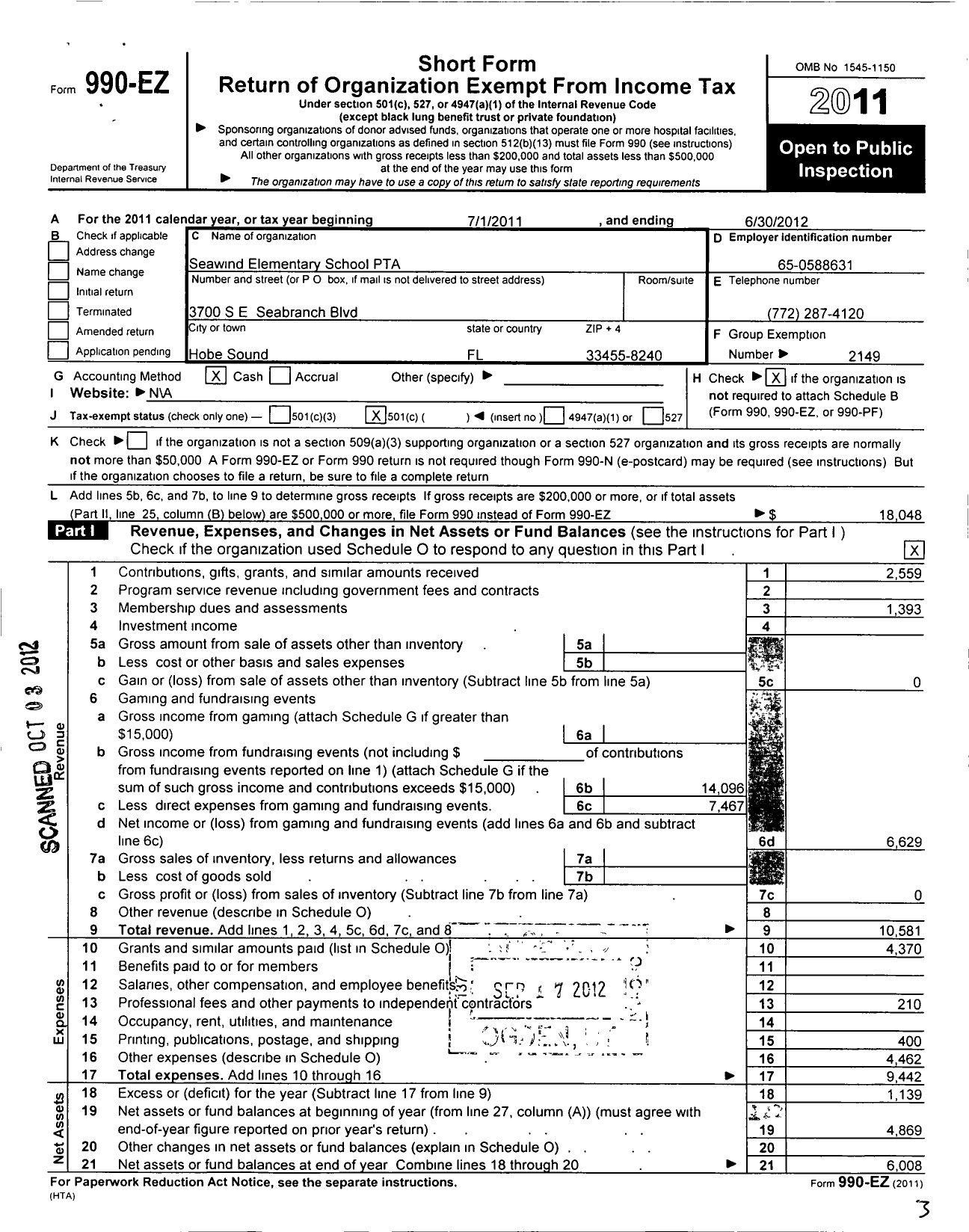 Image of first page of 2011 Form 990EO for PTA Florida Congress - Seawind Elementary School PTA