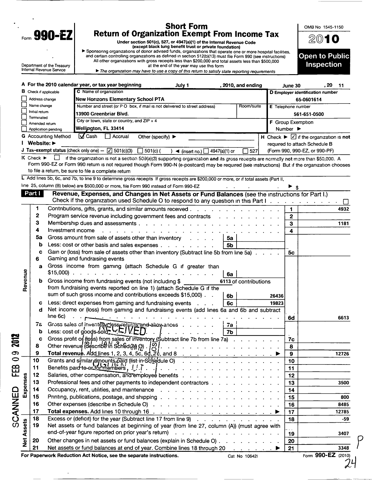 Image of first page of 2010 Form 990EZ for PTA Florida Congress - New Horizons Elementary School PTA