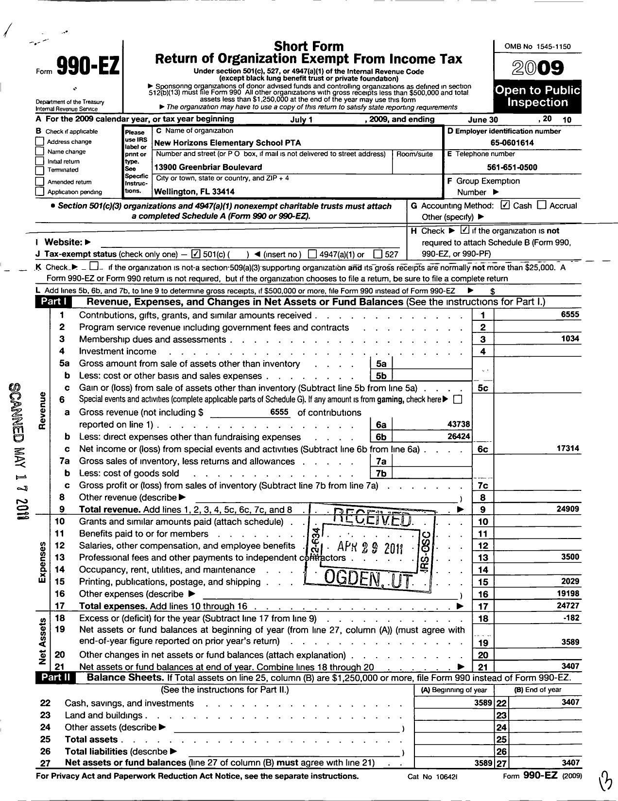 Image of first page of 2009 Form 990EO for PTA Florida Congress - New Horizons Elementary School PTA