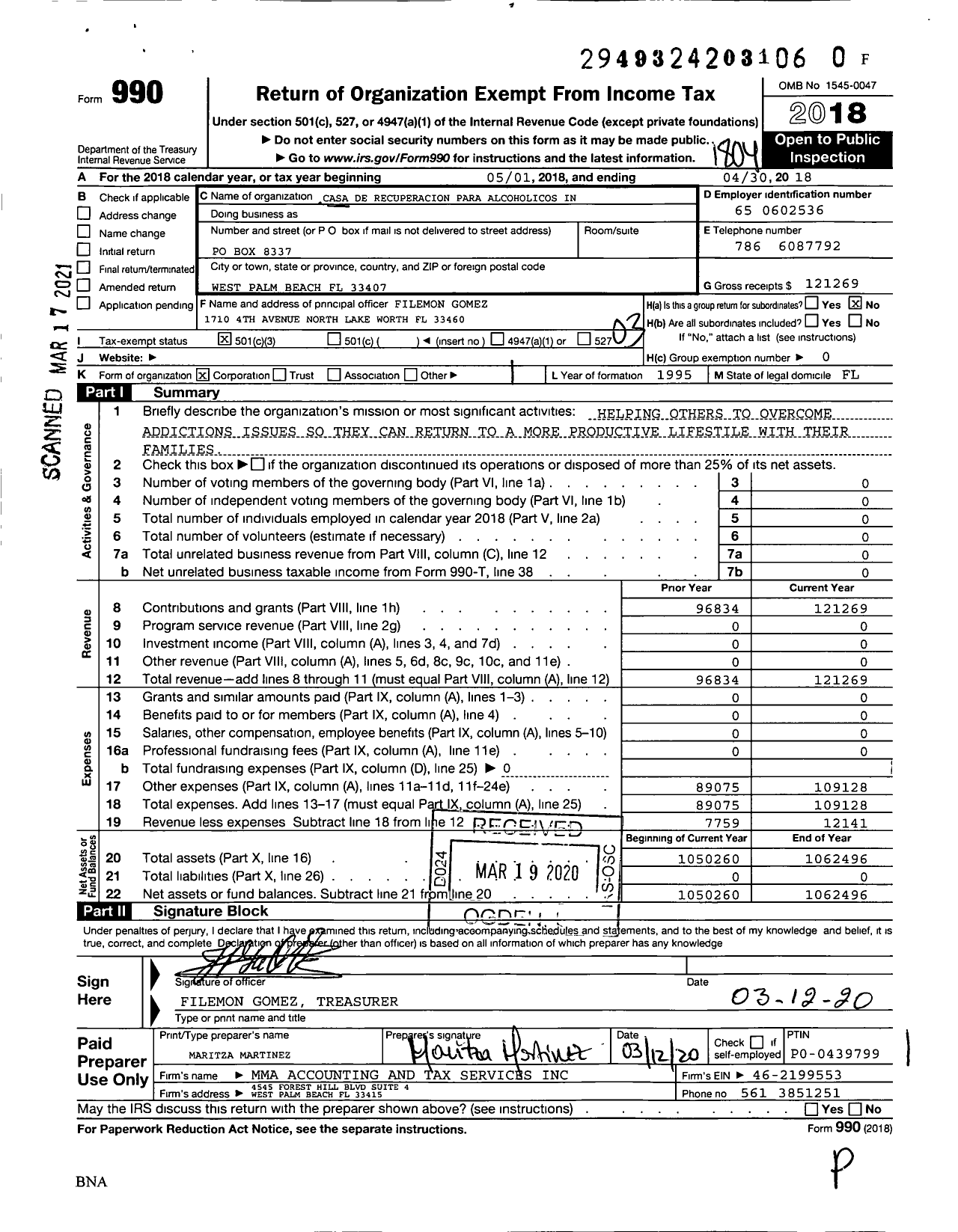 Image of first page of 2017 Form 990 for Casa de Recuperacion Para Alcoholicos