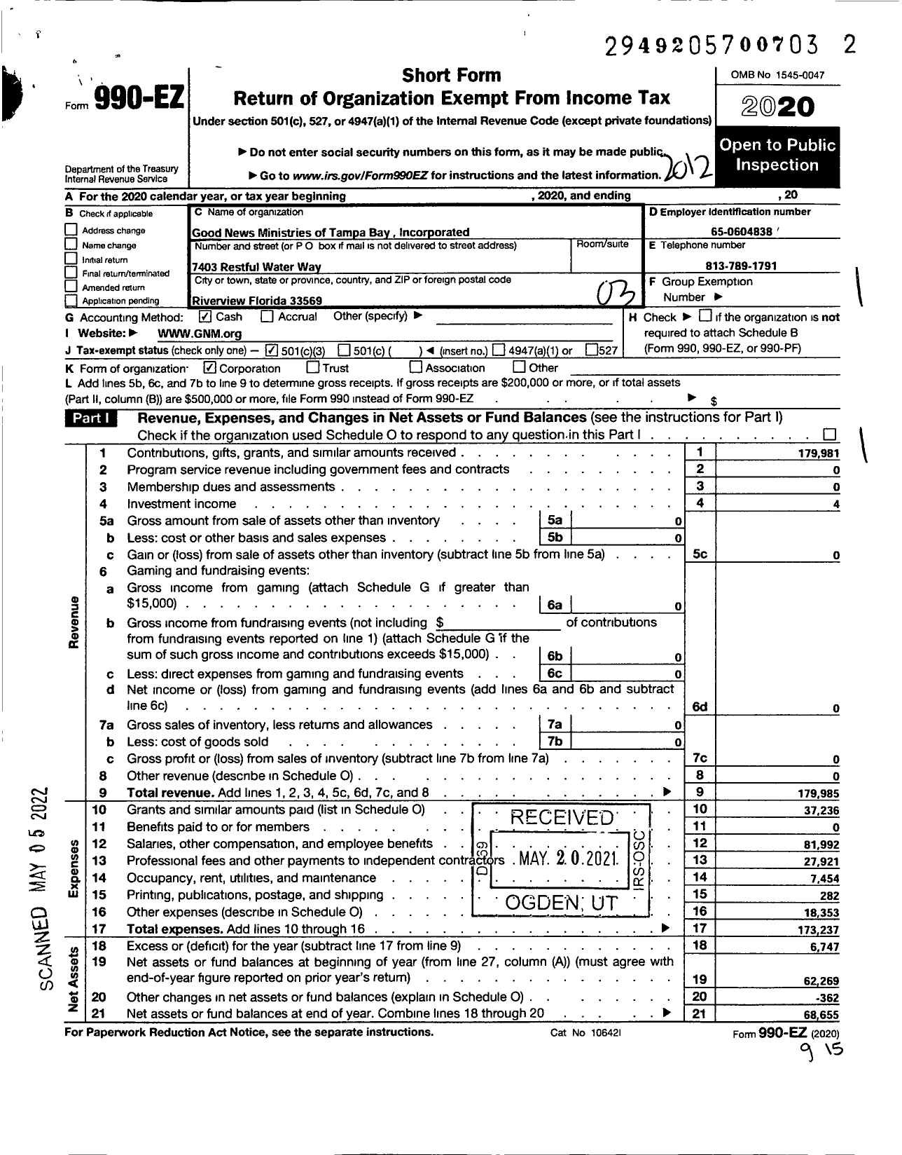 Image of first page of 2020 Form 990EZ for Good News Ministries of Tampa Bay