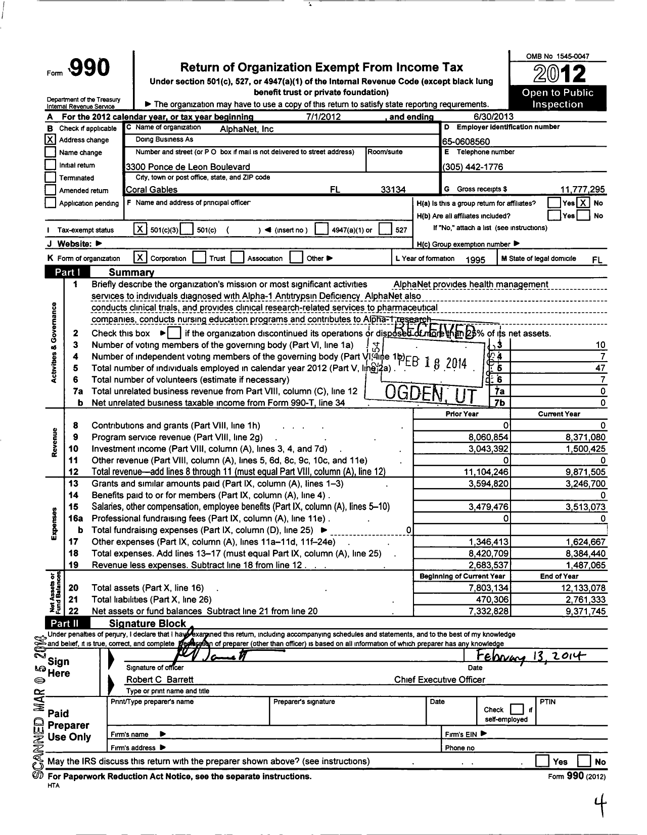 Image of first page of 2012 Form 990 for AlphaNet Incorporated