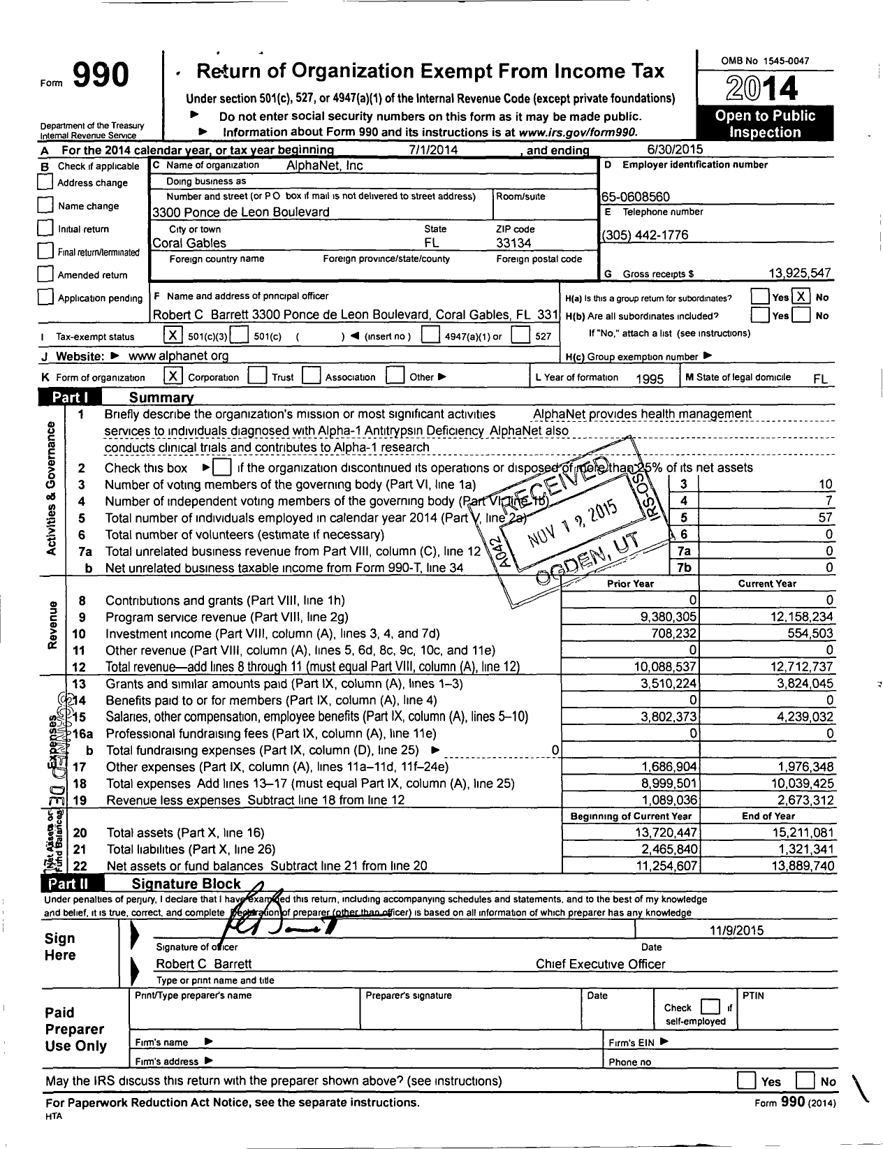 Image of first page of 2014 Form 990 for AlphaNet Incorporated