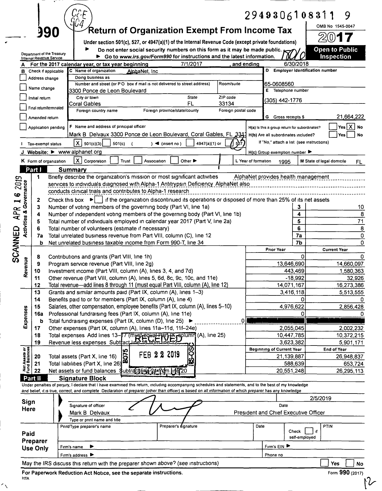 Image of first page of 2017 Form 990 for AlphaNet Incorporated