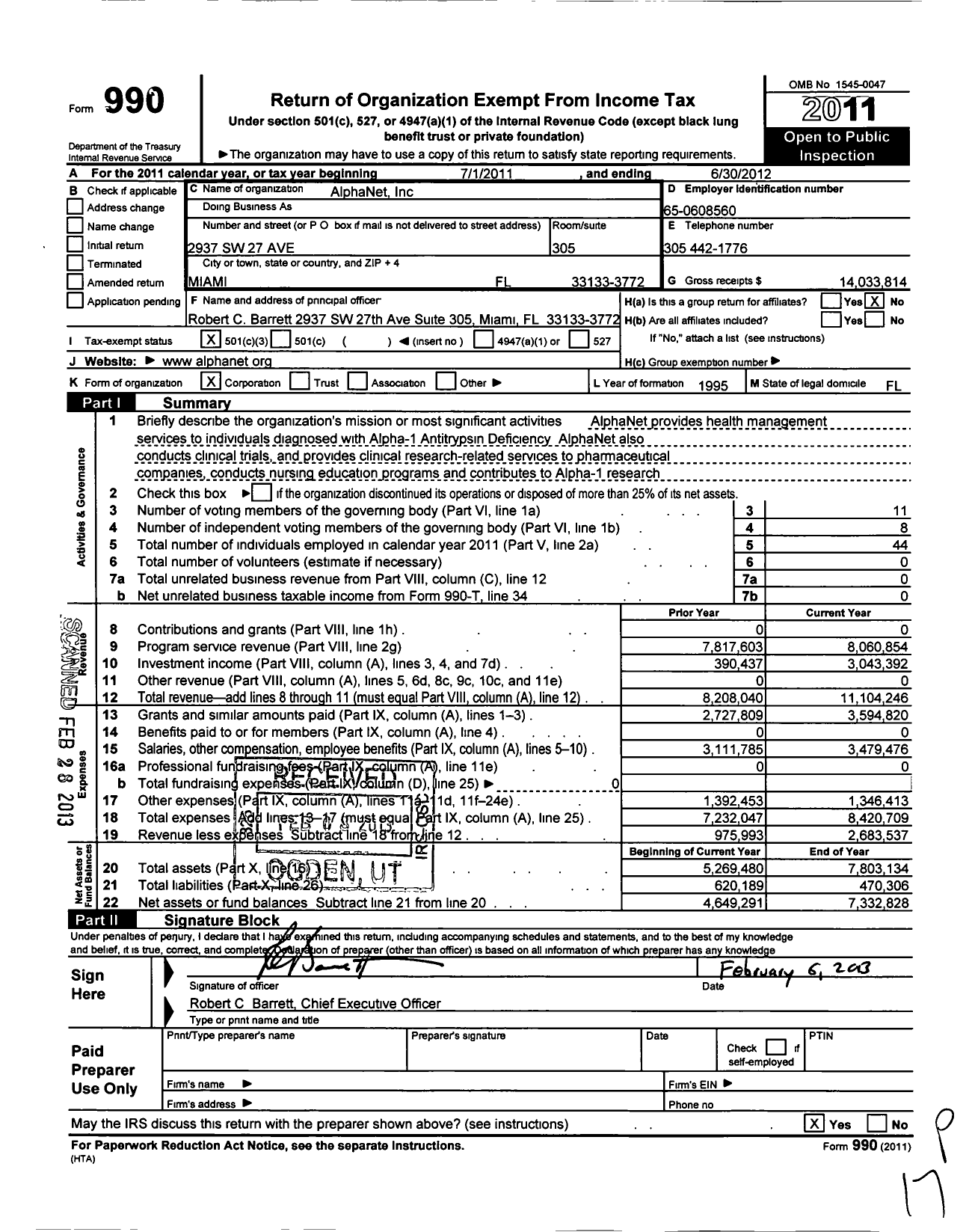 Image of first page of 2011 Form 990 for AlphaNet Incorporated
