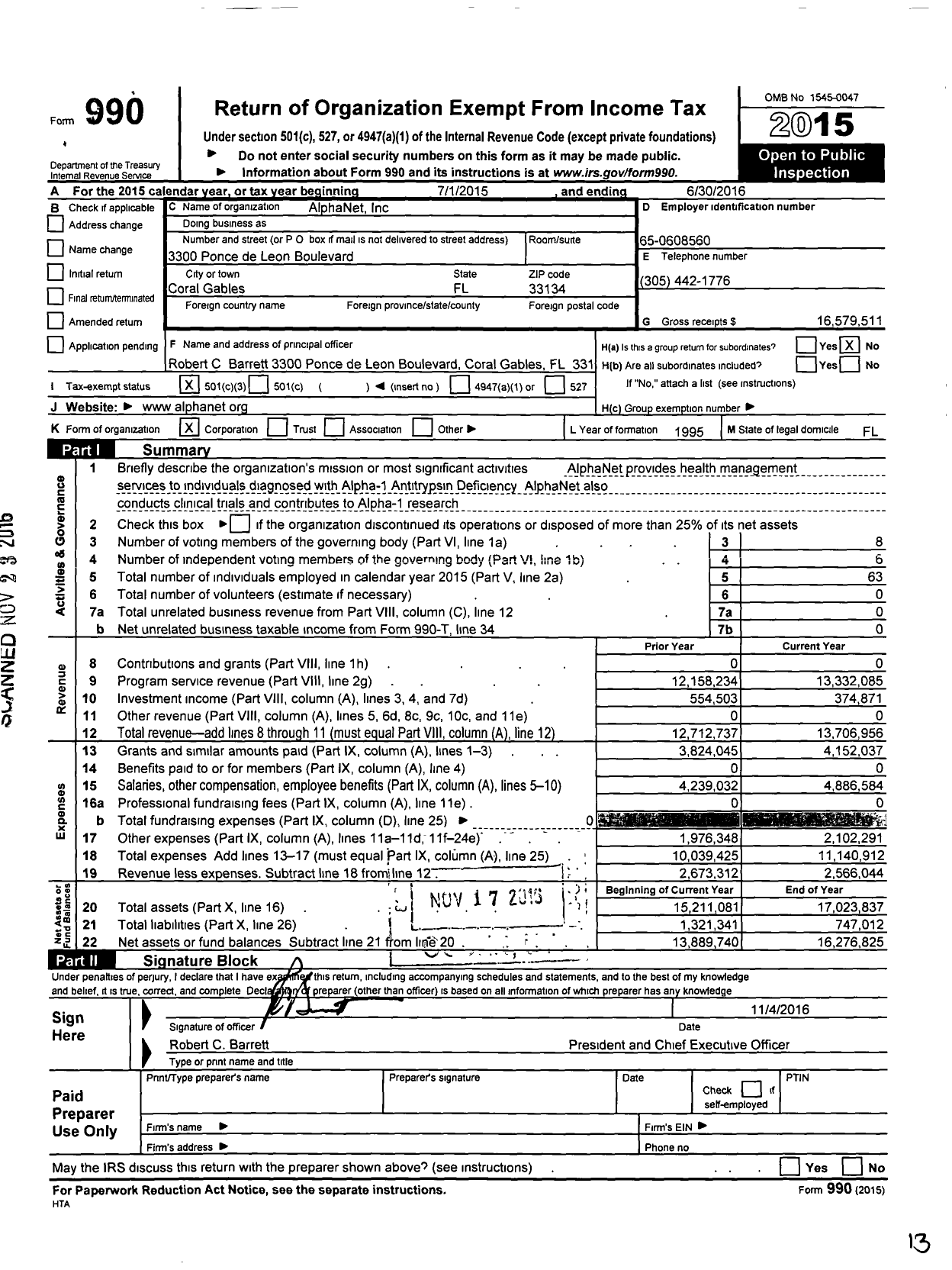 Image of first page of 2015 Form 990 for AlphaNet Incorporated
