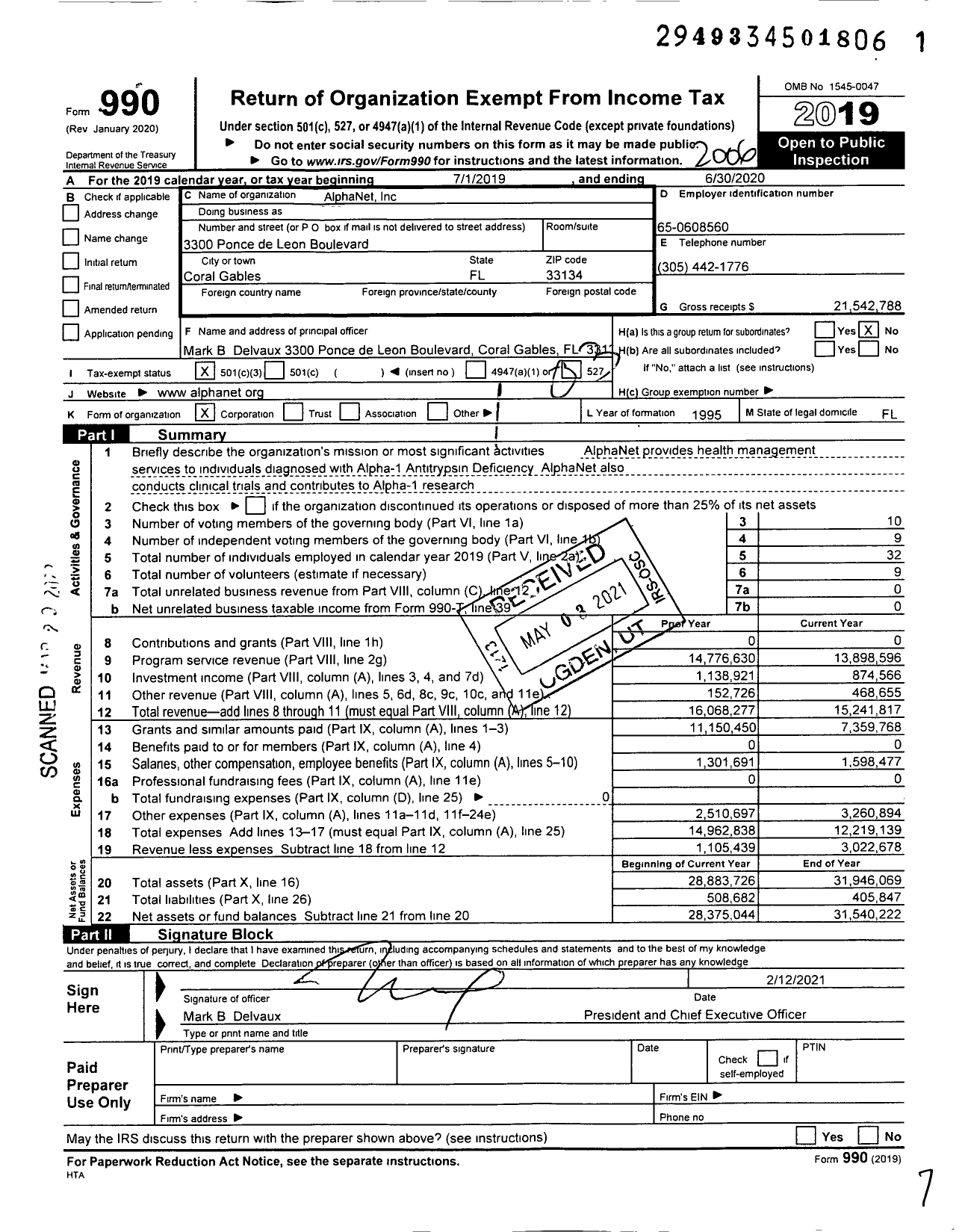 Image of first page of 2019 Form 990 for AlphaNet Incorporated