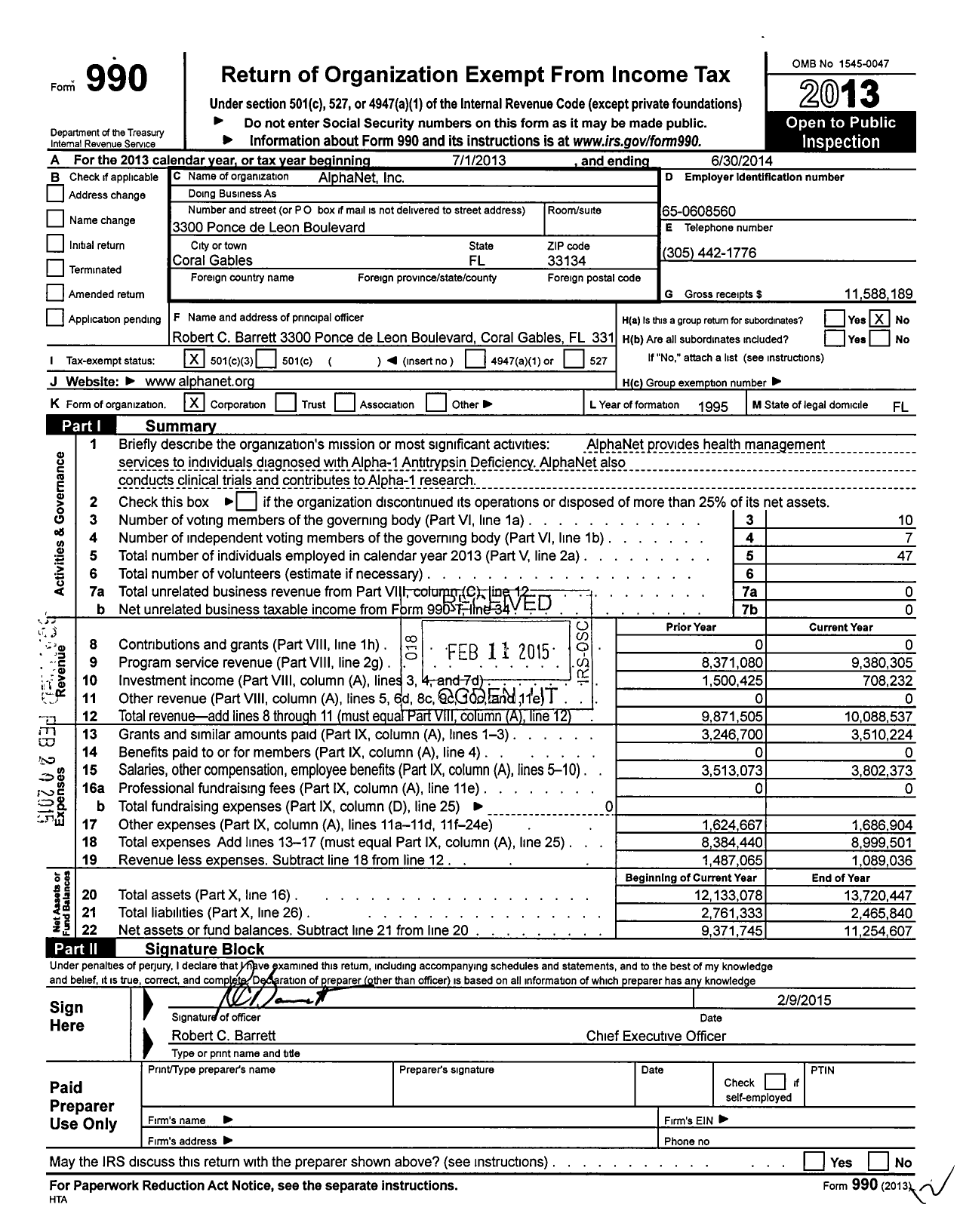 Image of first page of 2013 Form 990 for AlphaNet Incorporated