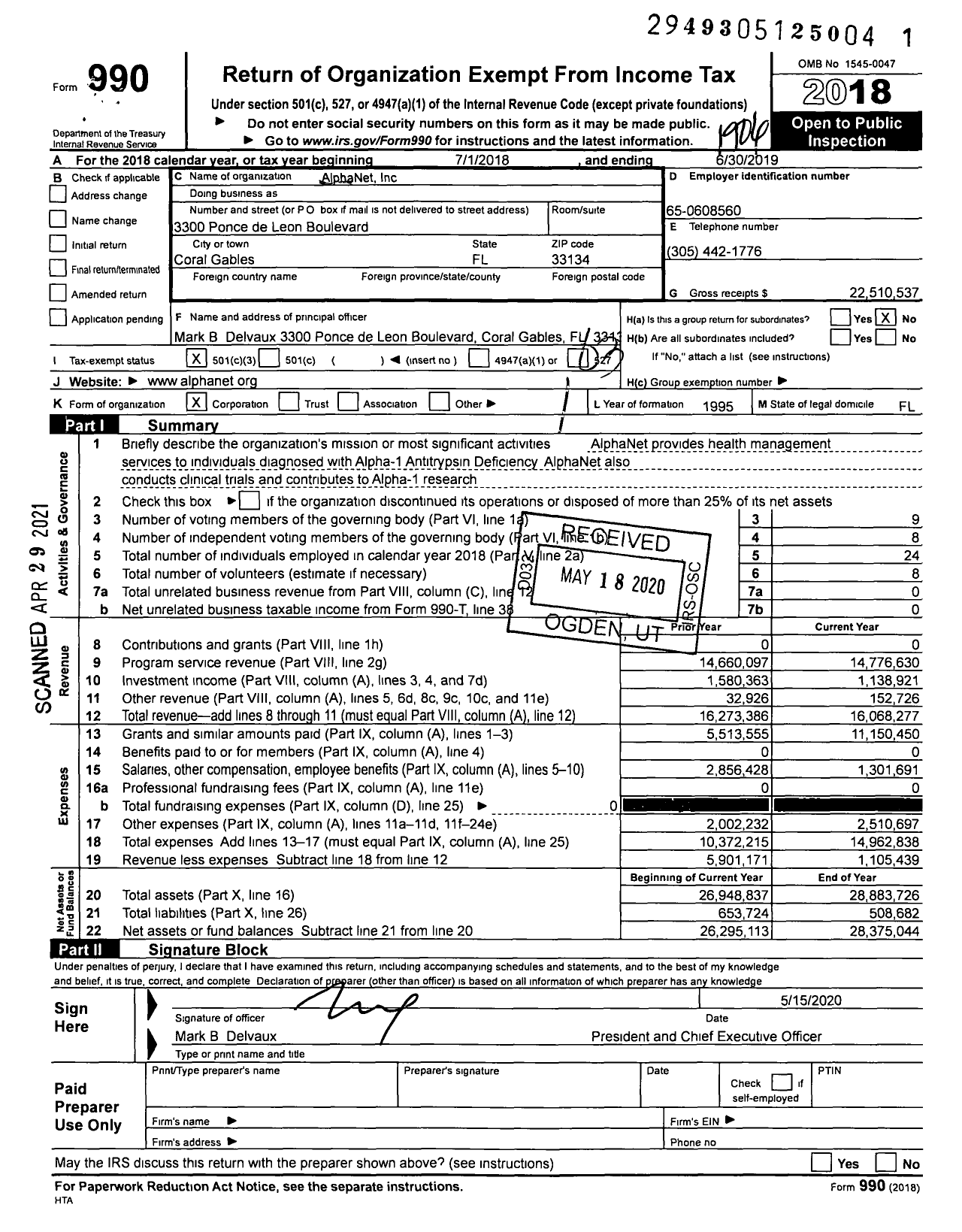 Image of first page of 2018 Form 990 for AlphaNet Incorporated