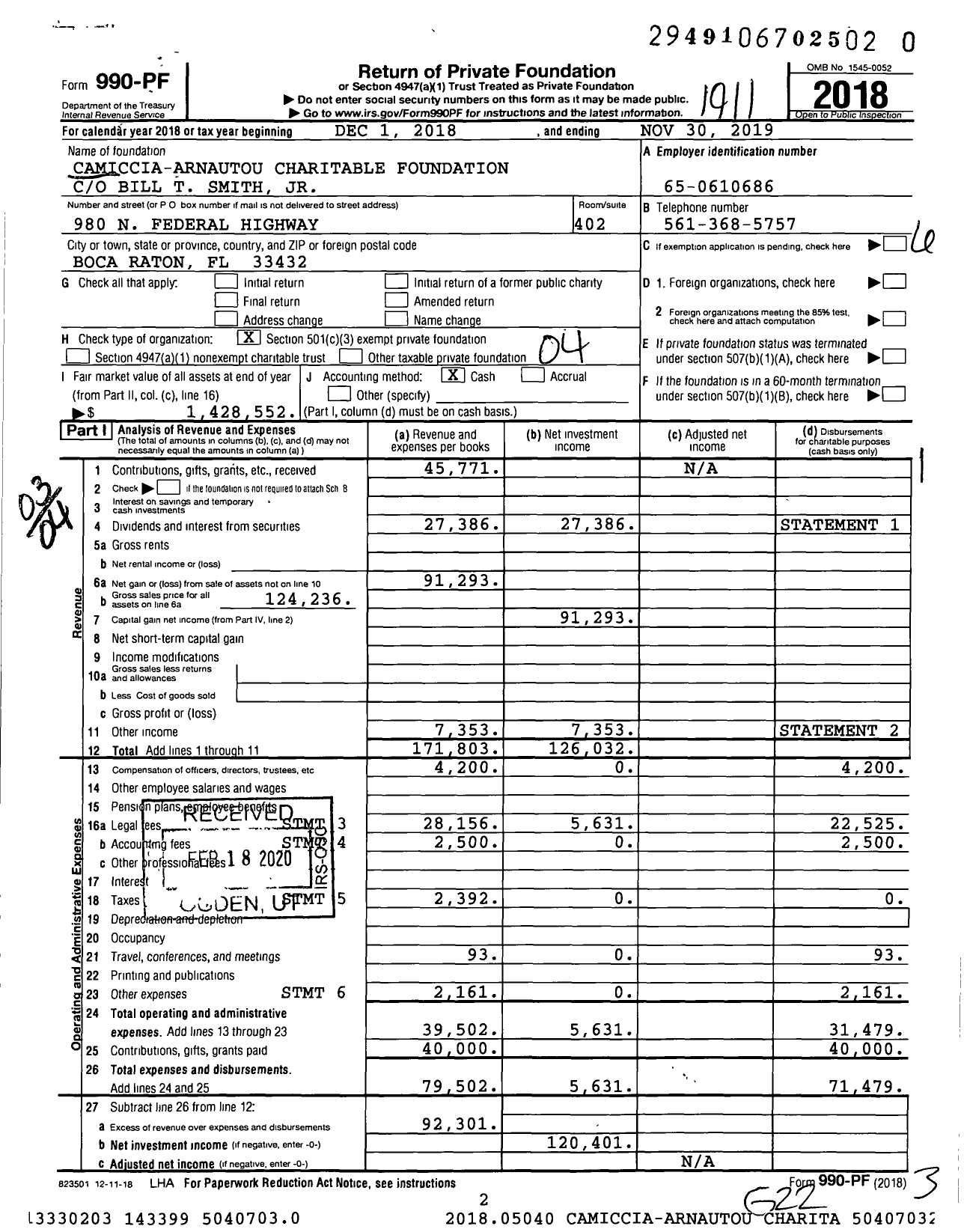 Image of first page of 2018 Form 990PR for Camiccia-Arnautou Charitable Foundation