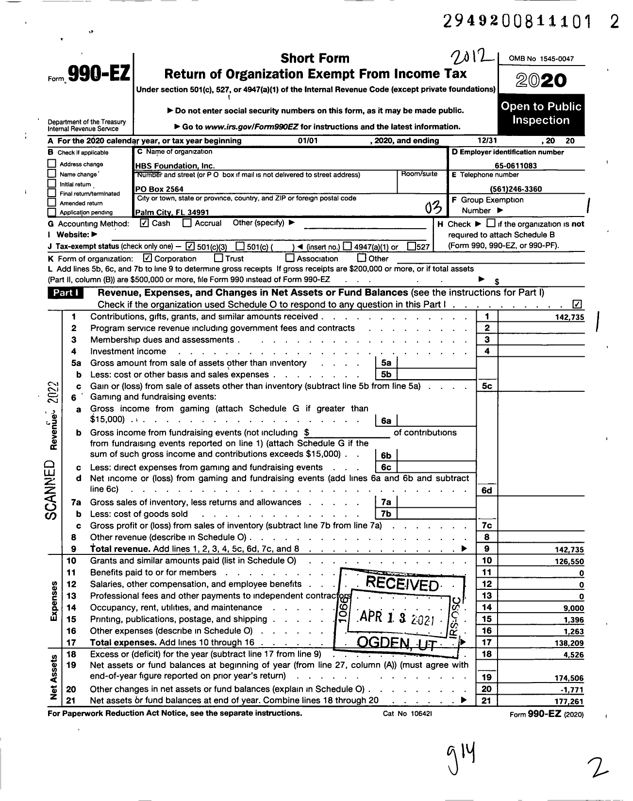 Image of first page of 2020 Form 990EZ for HBS Foundation