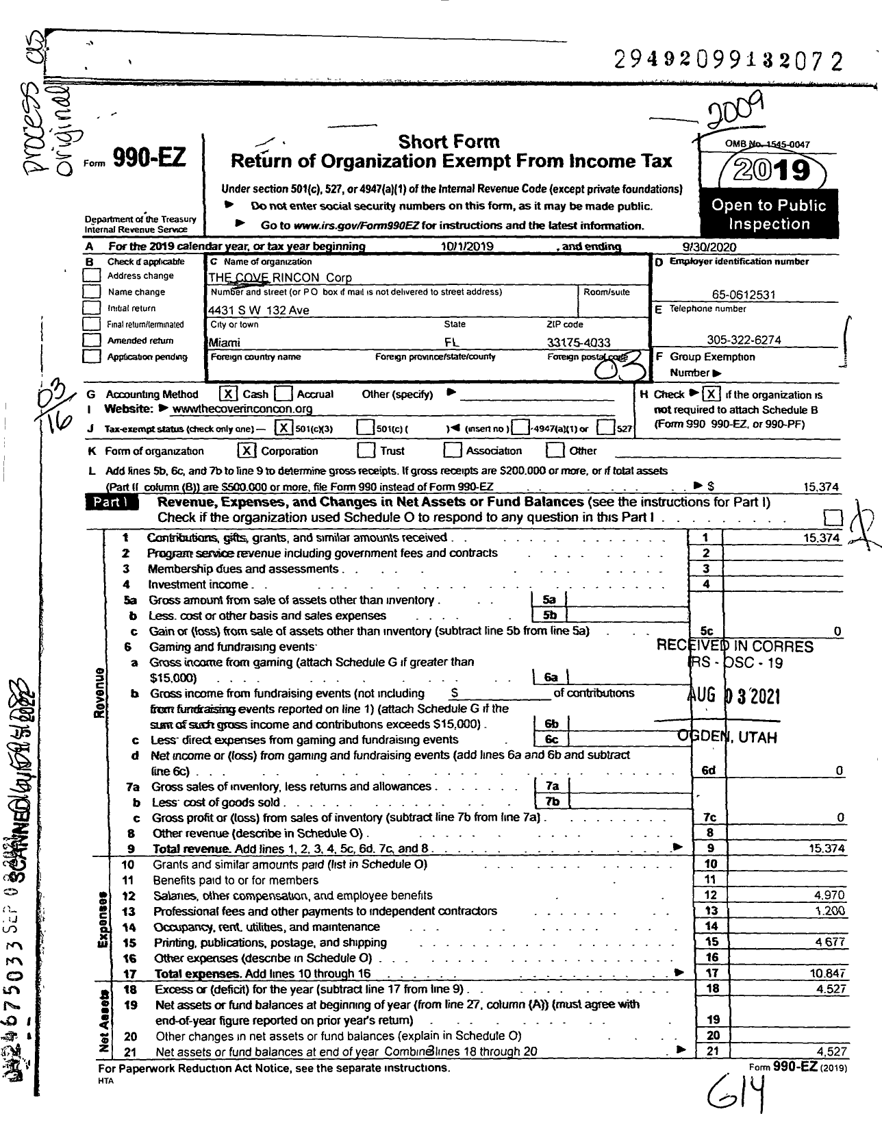 Image of first page of 2019 Form 990EZ for The Cove Rincon Corporation