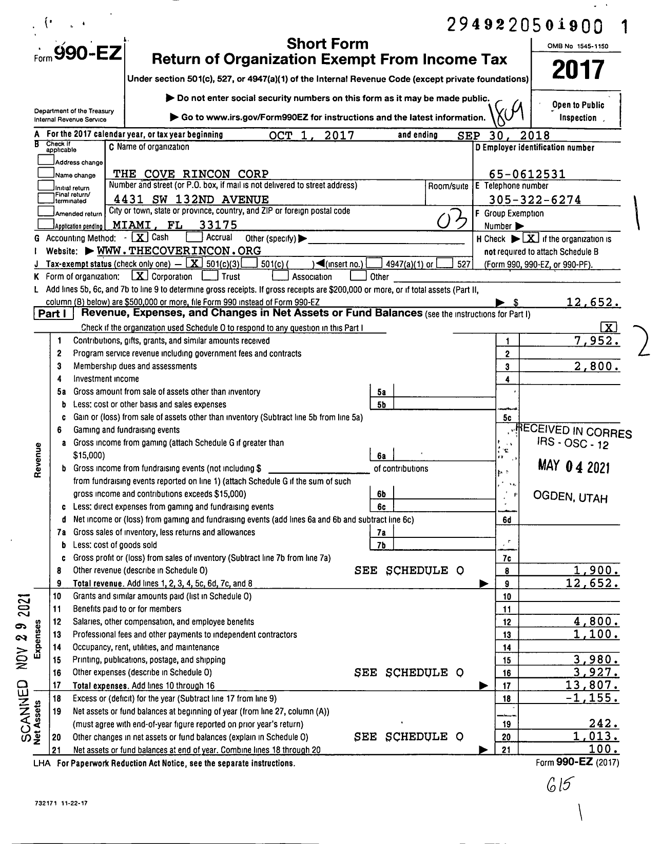 Image of first page of 2017 Form 990EZ for The Cove Rincon Corporation