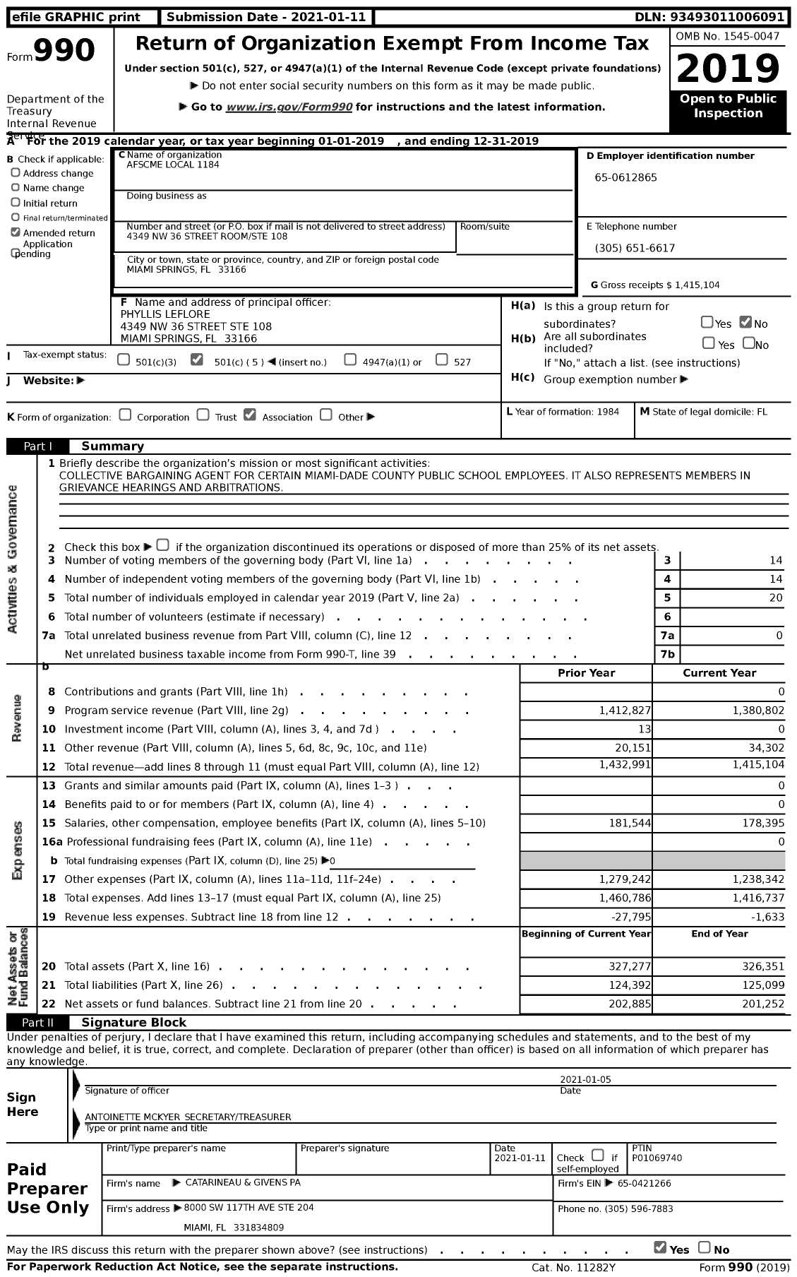 Image of first page of 2019 Form 990 for American Federation of State County & Municipal Employees - L1184FL Dade Co Fla School BD Emps