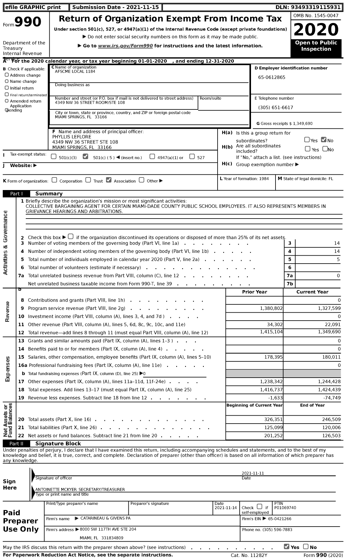 Image of first page of 2020 Form 990 for American Federation of State County & Municipal Employees - L1184FL Dade Co Fla School BD Emps
