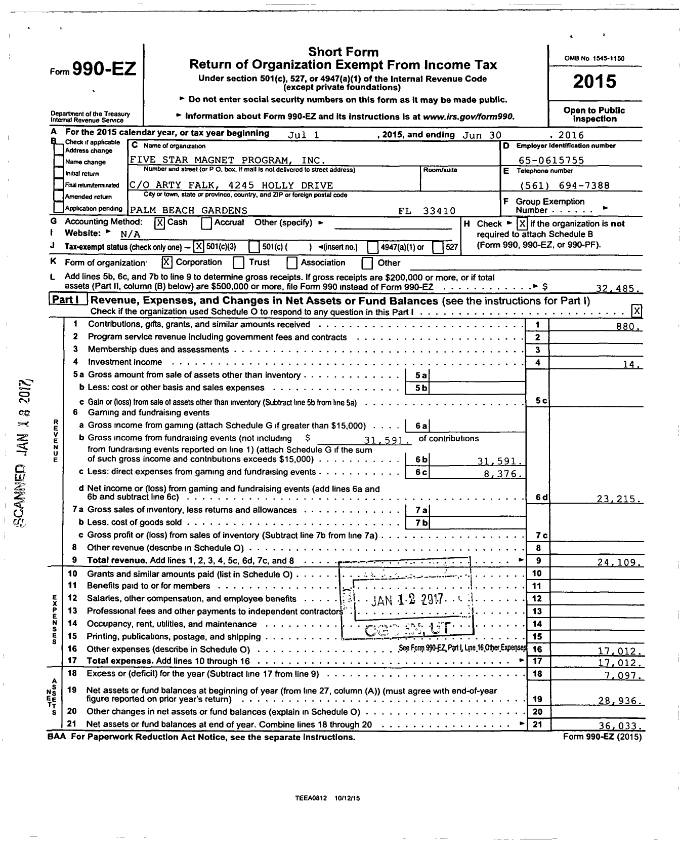 Image of first page of 2015 Form 990EZ for Five Star Magnet Program