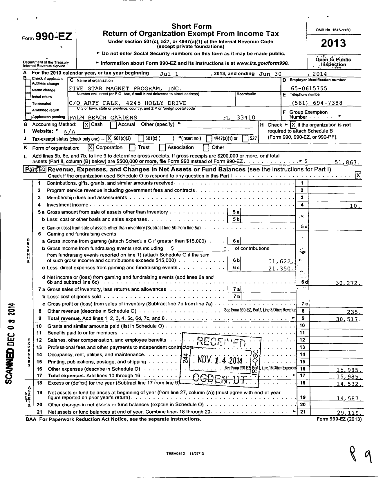 Image of first page of 2013 Form 990EZ for Five Star Magnet Program