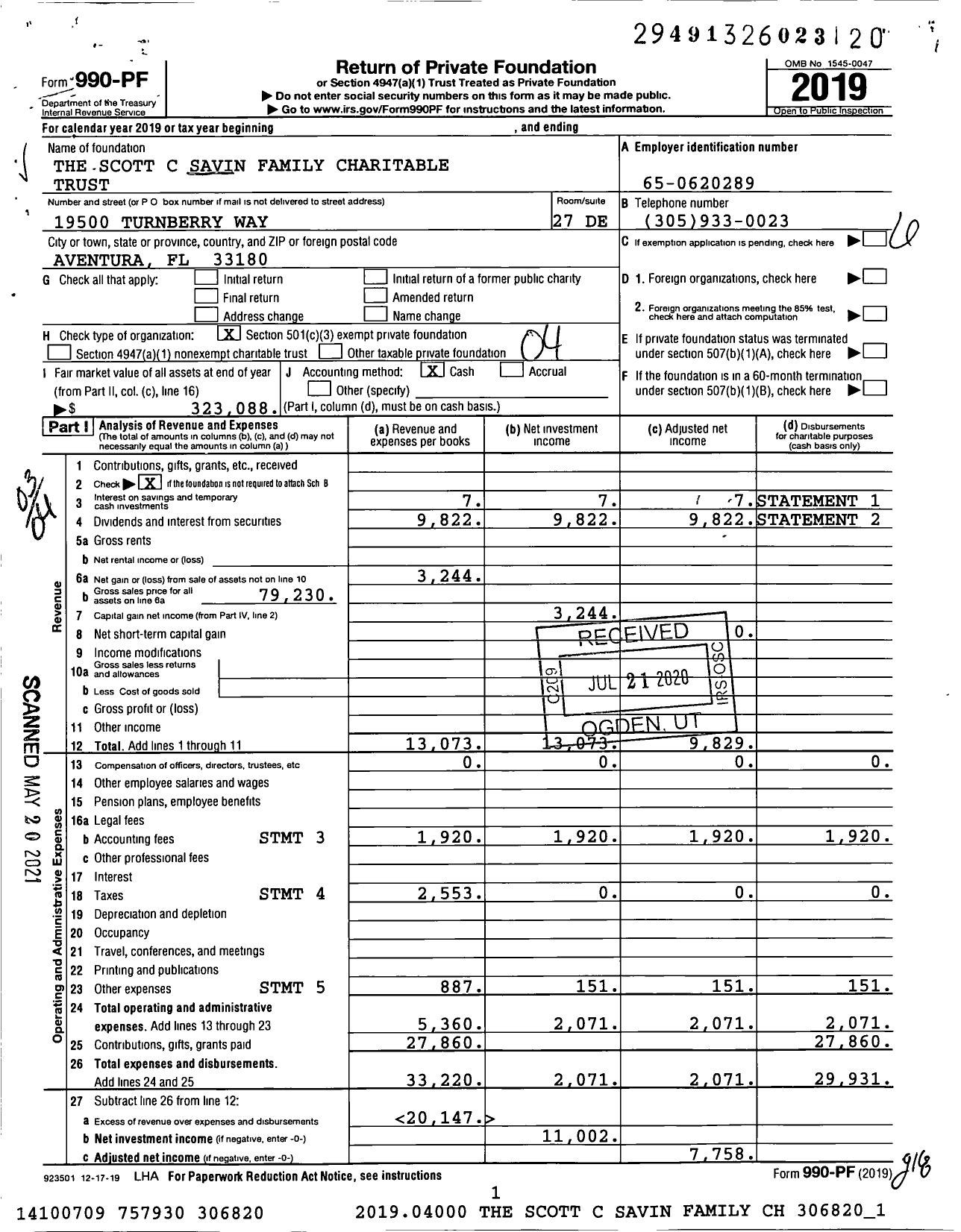 Image of first page of 2019 Form 990PF for The Scott C Savin Family Charitable Trust