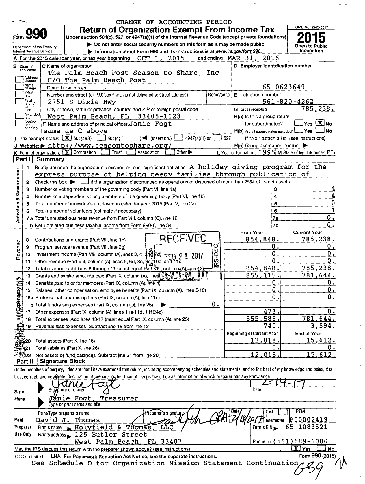 Image of first page of 2015 Form 990 for The Palm Beach Post Season to Share Fund