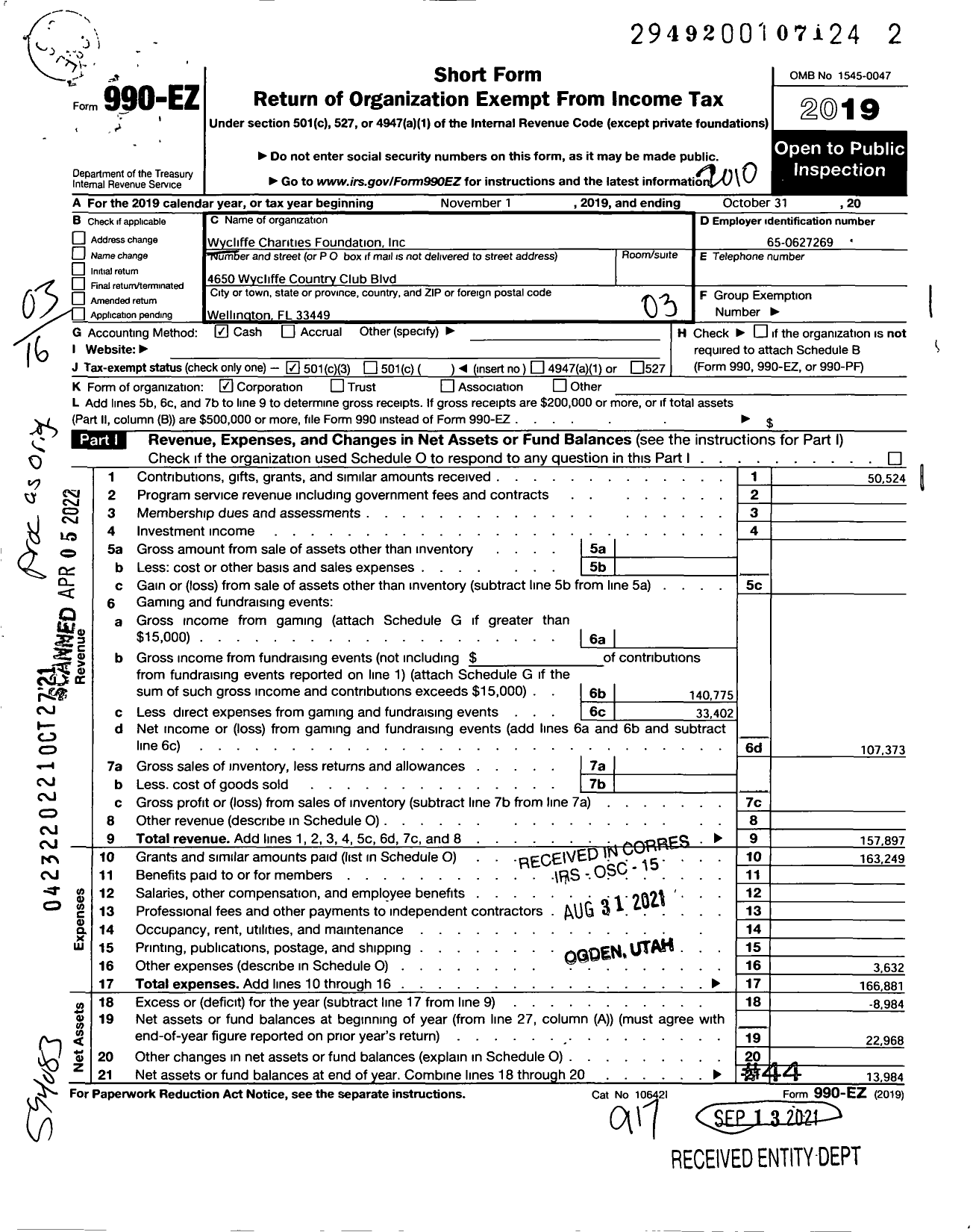 Image of first page of 2019 Form 990EZ for Wycliffe Charities Foundation