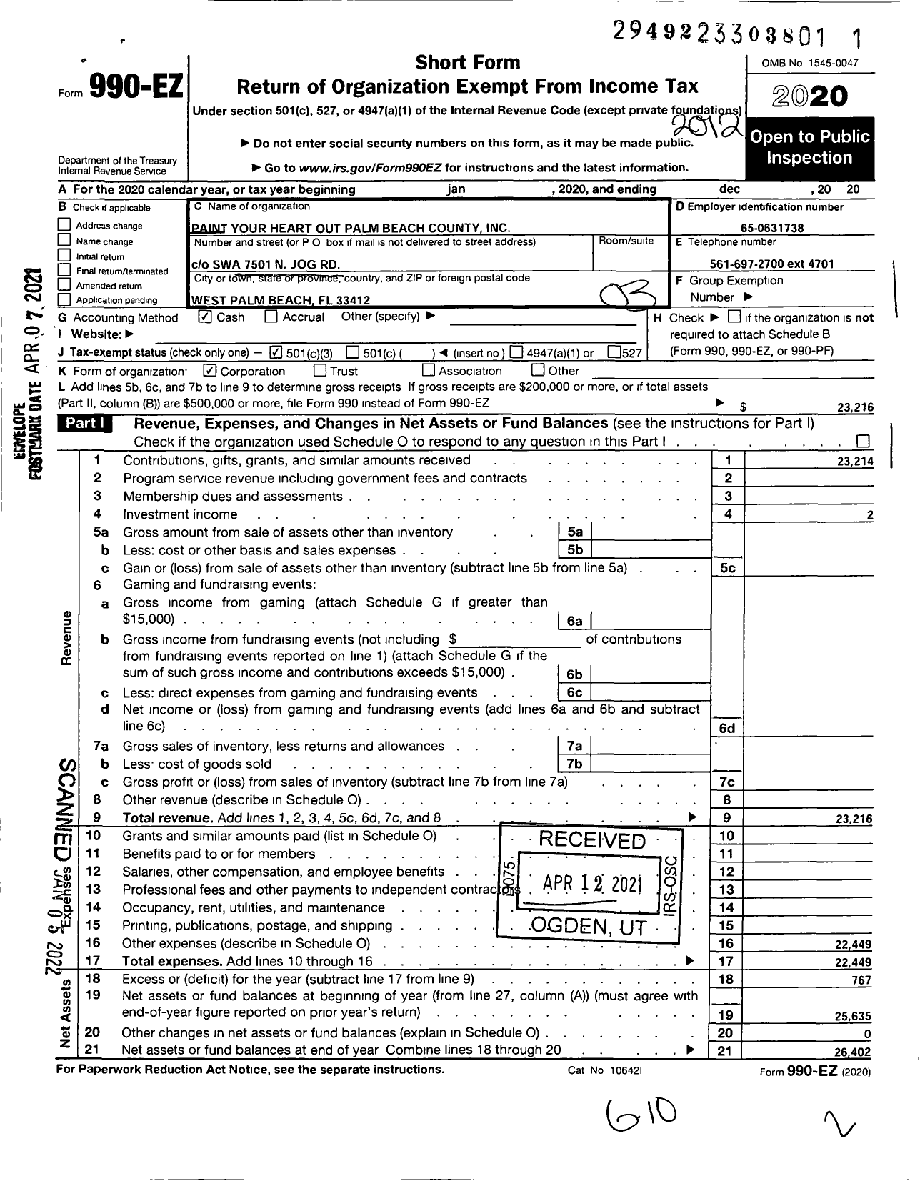 Image of first page of 2020 Form 990EZ for Paint Your Heart Out Palm Beach County