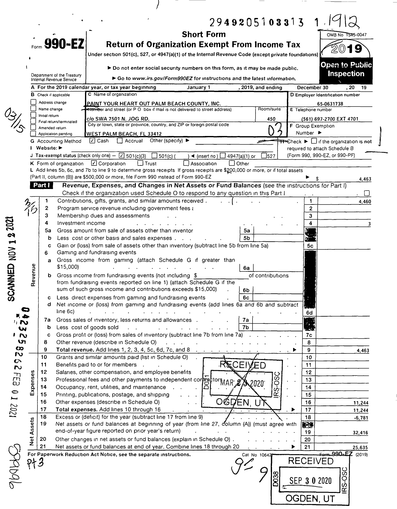 Image of first page of 2019 Form 990EZ for Paint Your Heart Out Palm Beach County