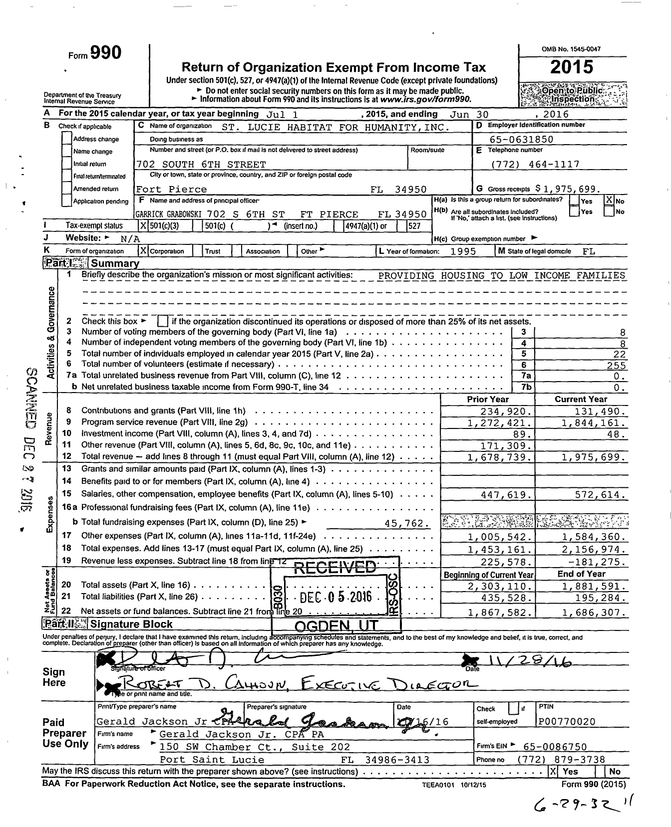 Image of first page of 2015 Form 990 for Habitat for Humanity - St Lucie HFH