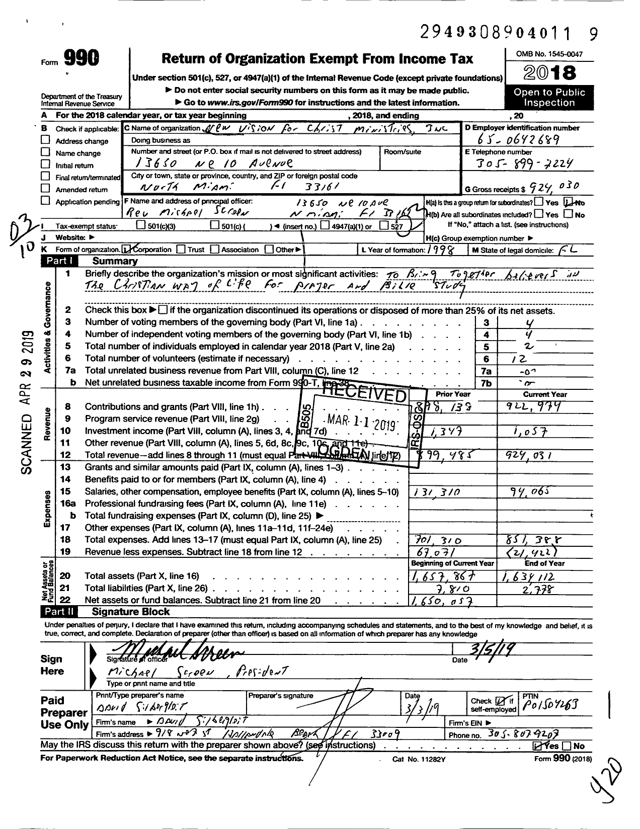 Image of first page of 2018 Form 990 for New Visions for Christ Ministries