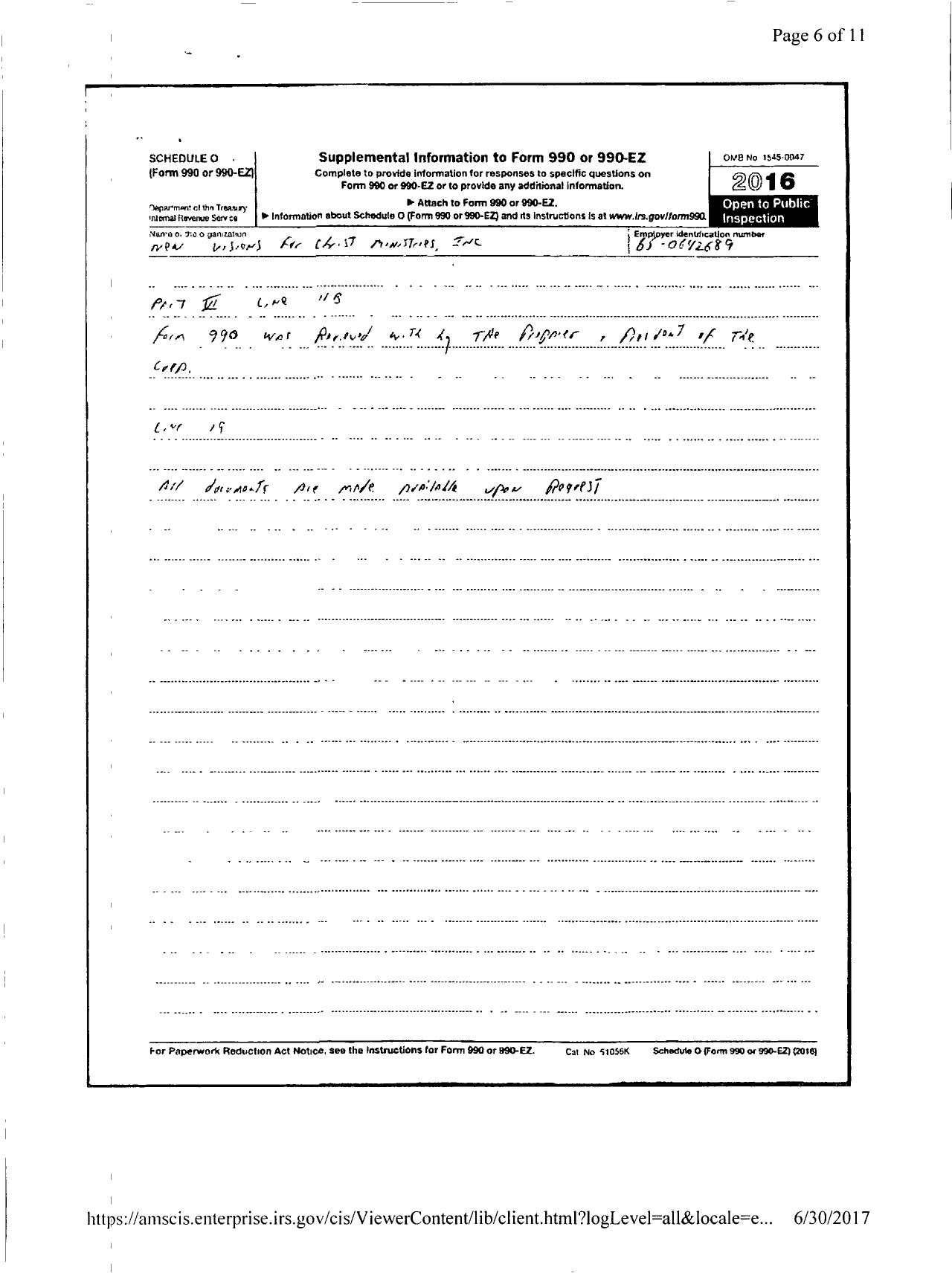 Image of first page of 2016 Form 990R for New Visions for Christ Ministries