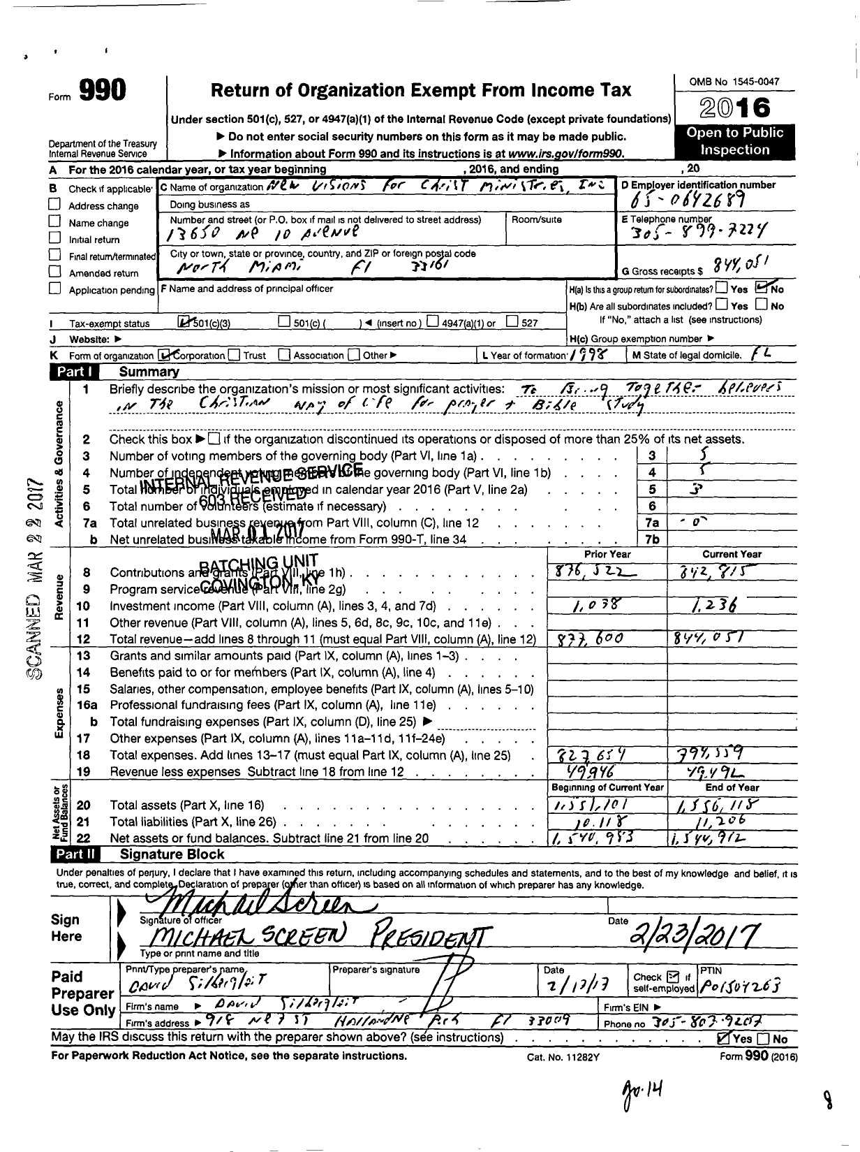 Image of first page of 2016 Form 990 for New Visions for Christ Ministries