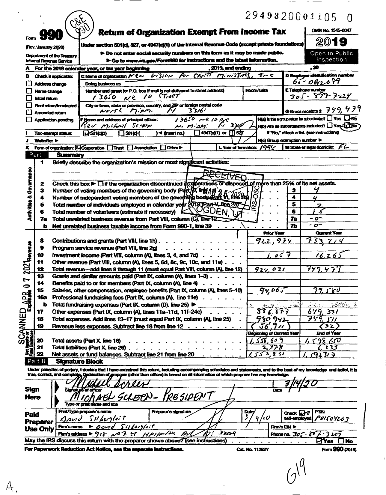 Image of first page of 2019 Form 990 for New Visions for Christ Ministries