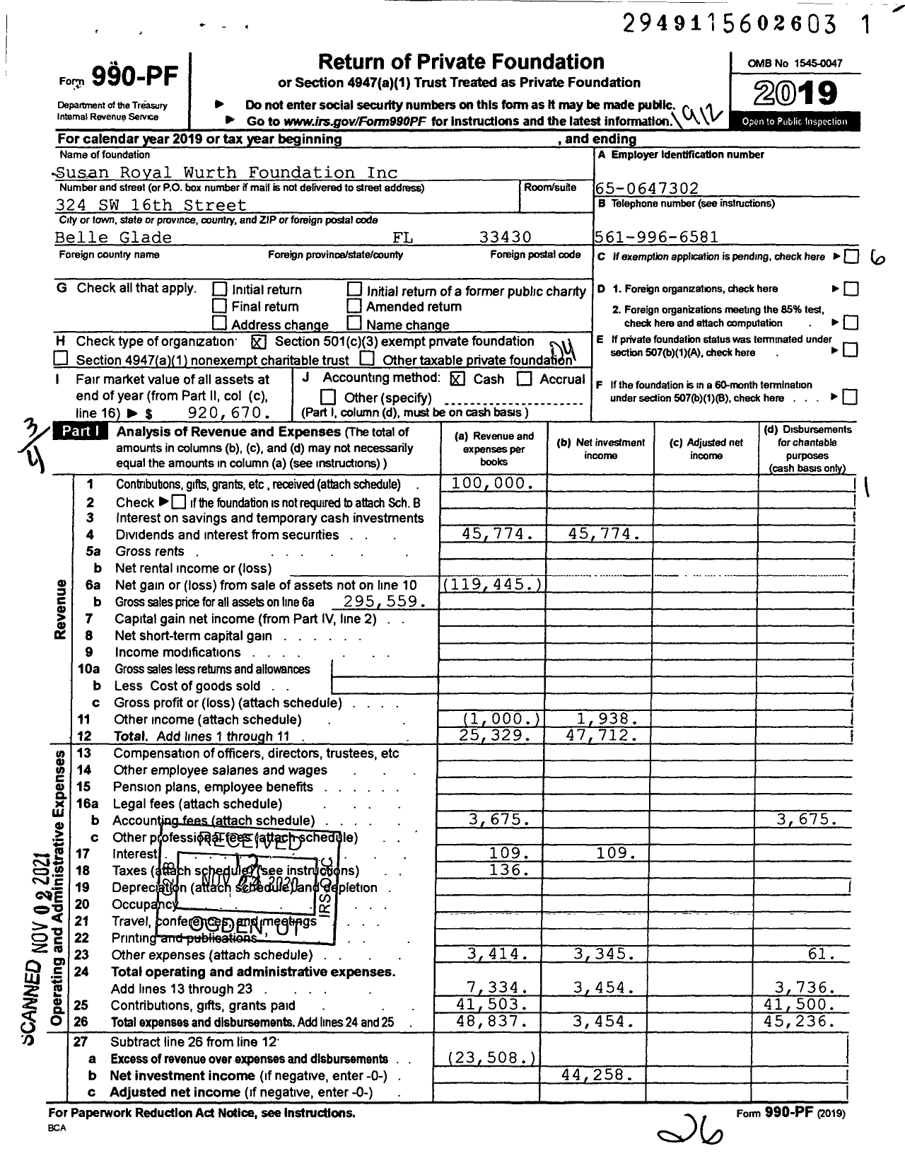 Image of first page of 2019 Form 990PF for Susan Royal Wurth Foundation