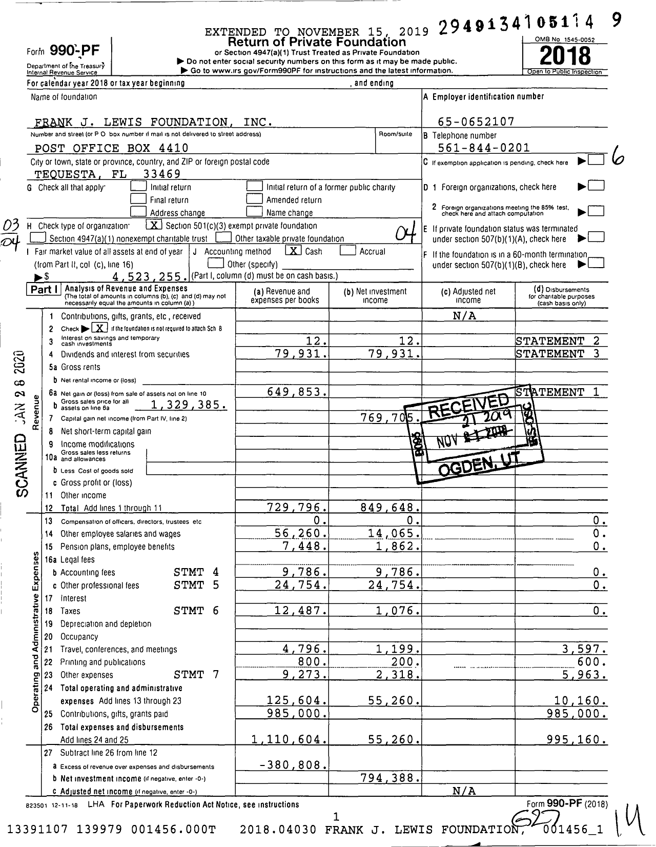 Image of first page of 2018 Form 990PF for Frank J Lewis Foundation