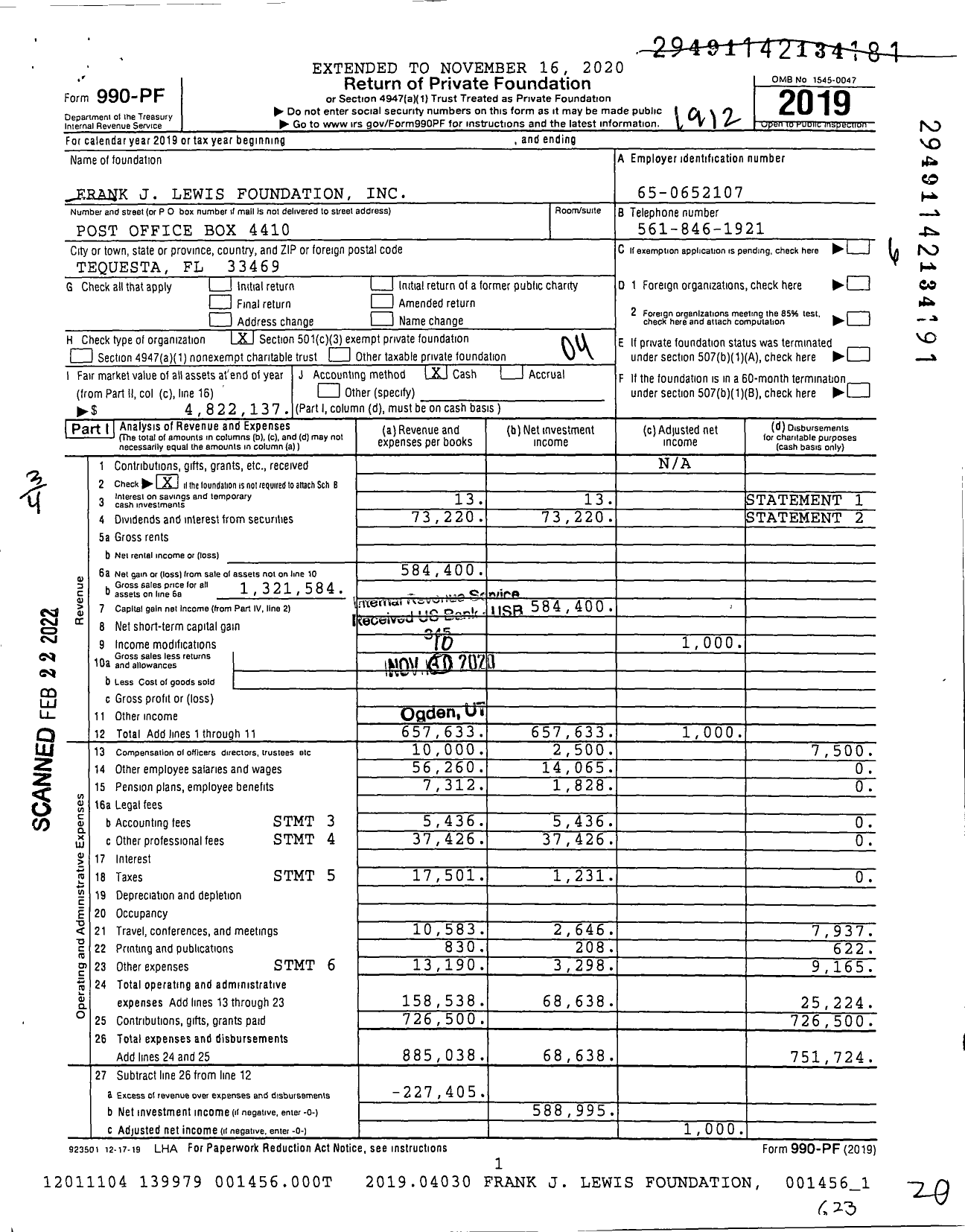 Image of first page of 2019 Form 990PF for Frank J Lewis Foundation