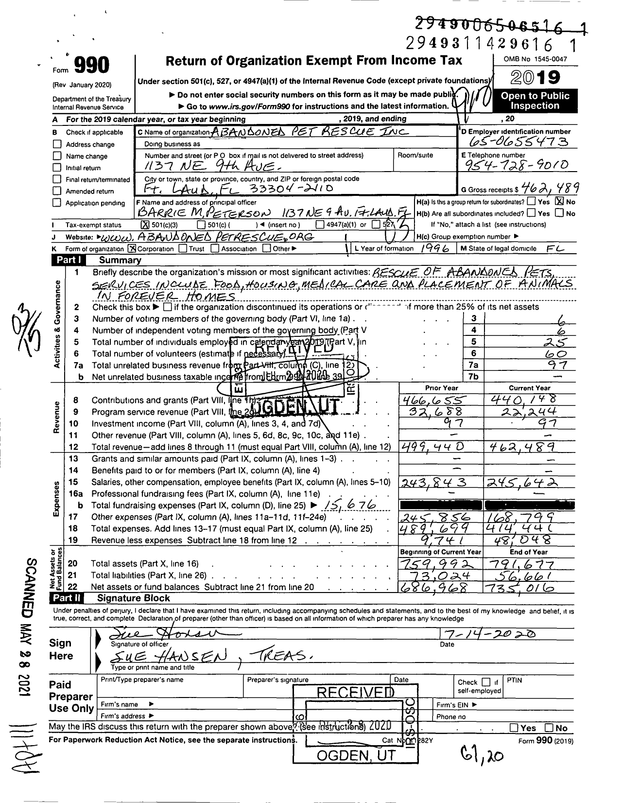 Image of first page of 2019 Form 990 for Abandoned Pet Rescue