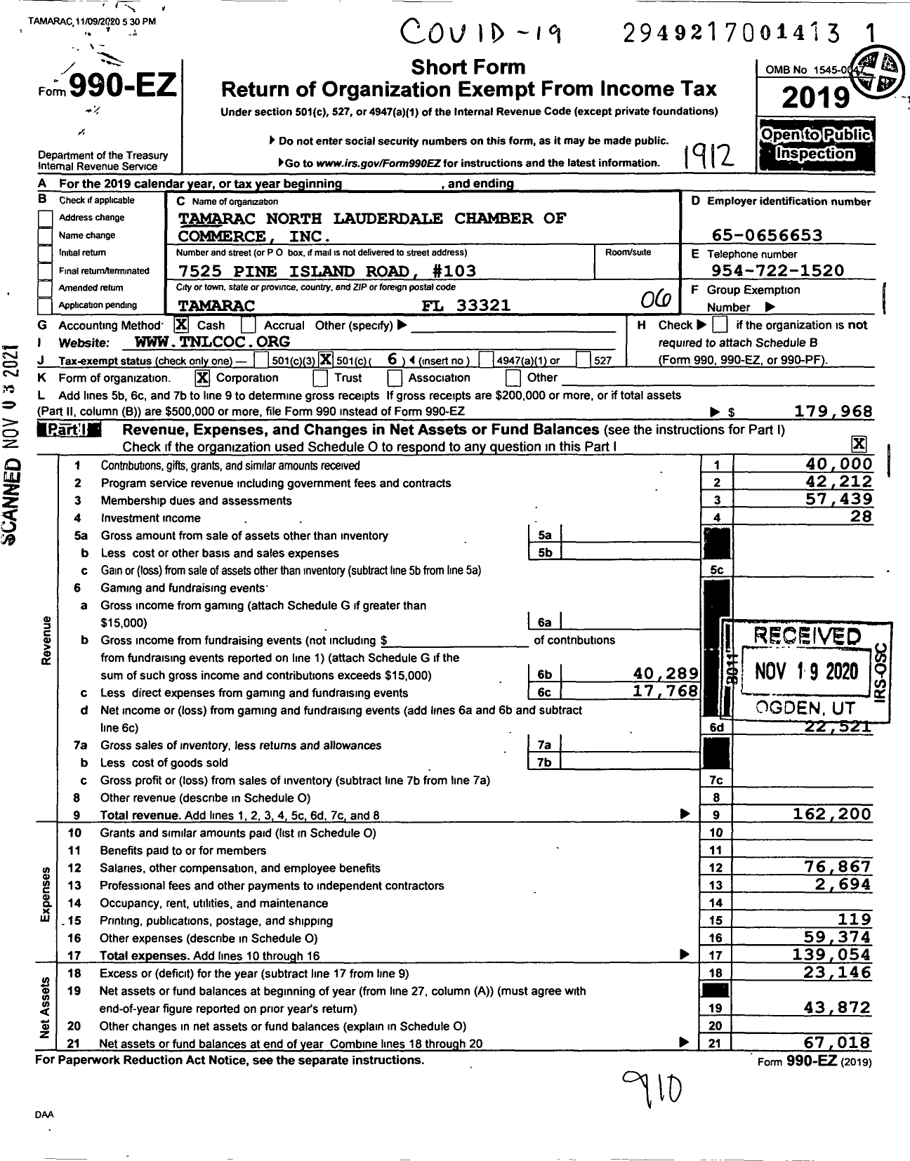 Image of first page of 2019 Form 990EO for Tamarac North Lauderdale Chamber of Commerce