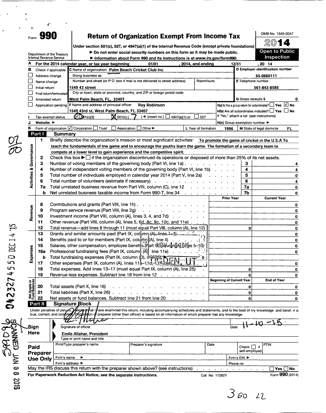 Image of first page of 2014 Form 990O for Palm Beach Cricket Club